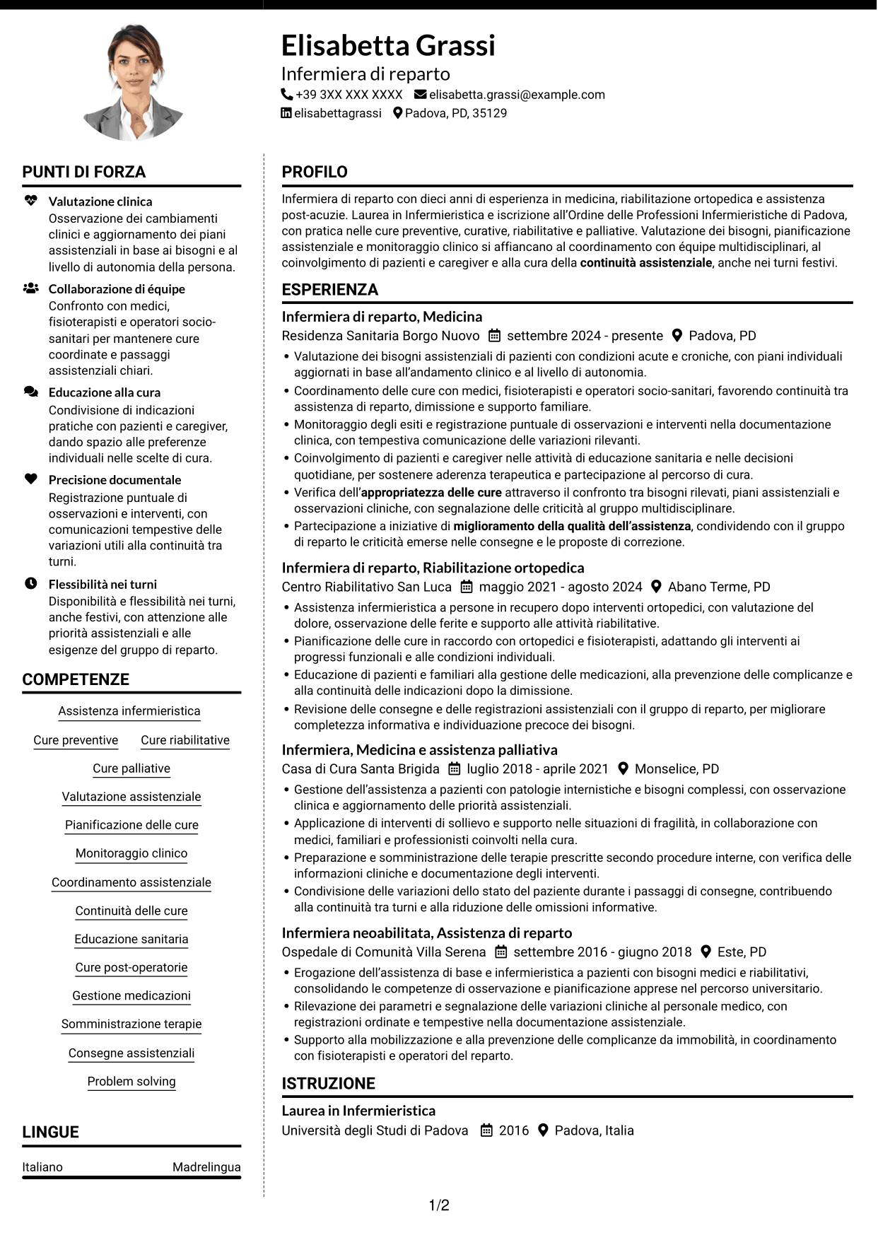 CV Moderno (formato a due colonne con foto a sinistra e separatore): Infermiere di reparto, pagina 1