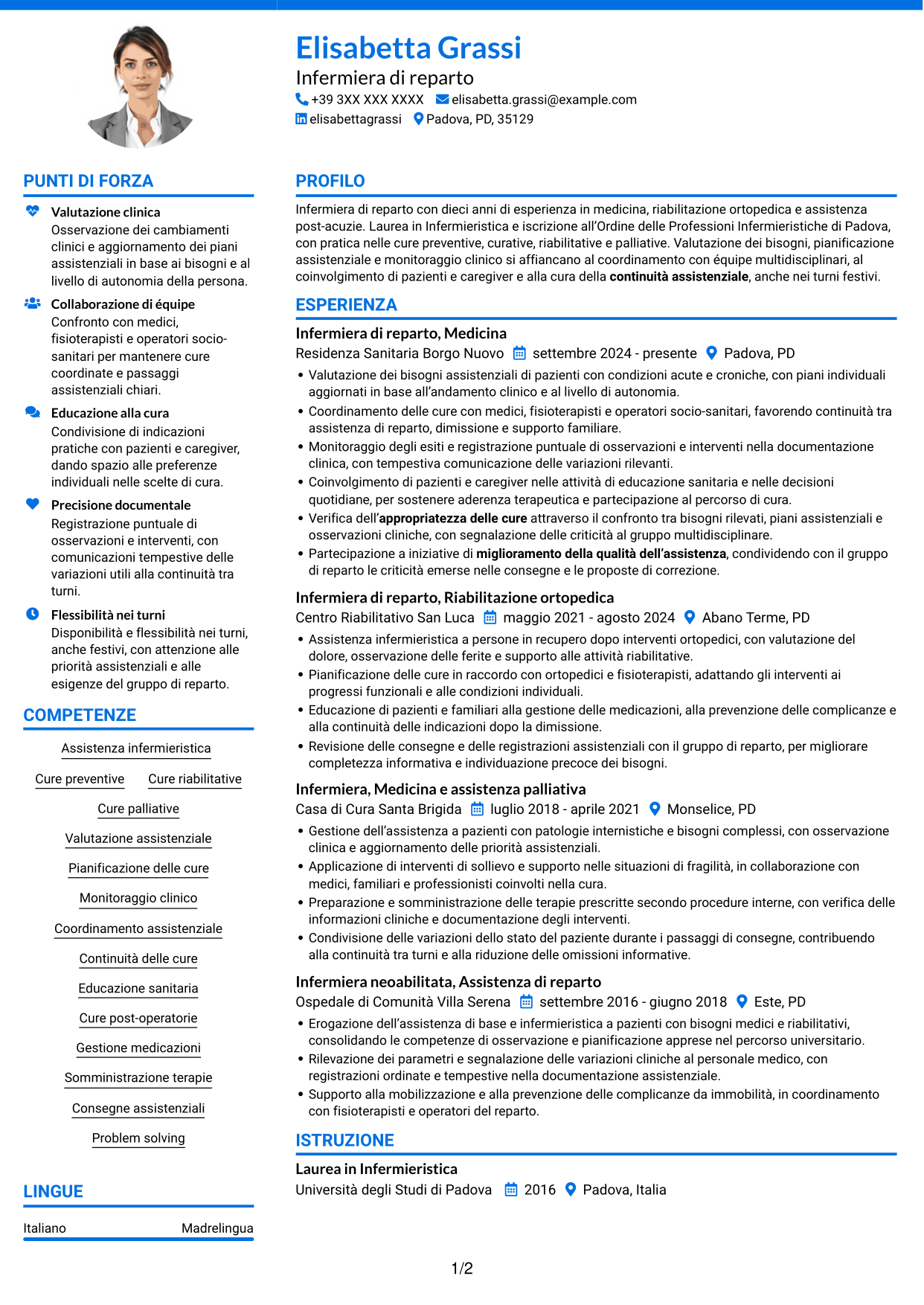 CV Audace (formato a due colonne con accenti colorati e foto): Infermiere di reparto, pagina 1