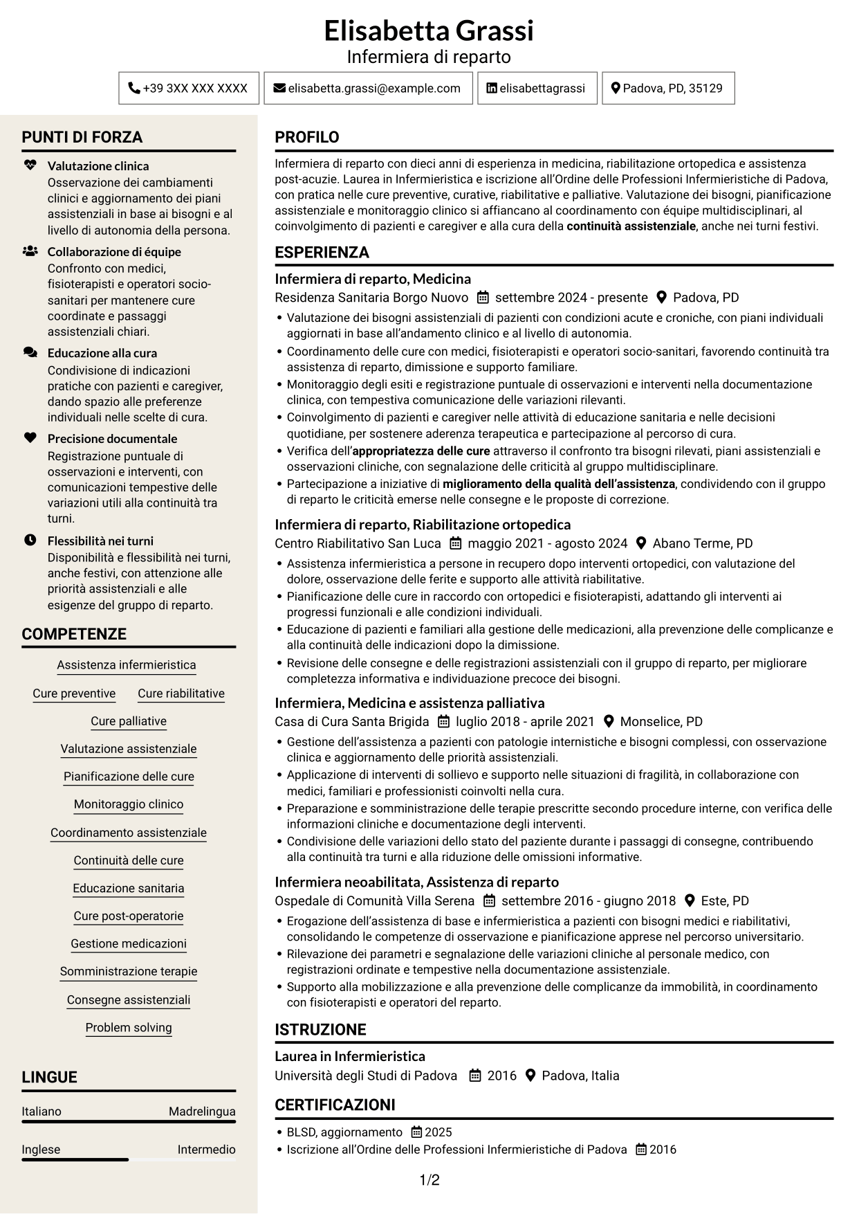 CV Intraprendente (formato a due colonne con intestazione centrata senza foto): Infermiere di reparto, pagina 1