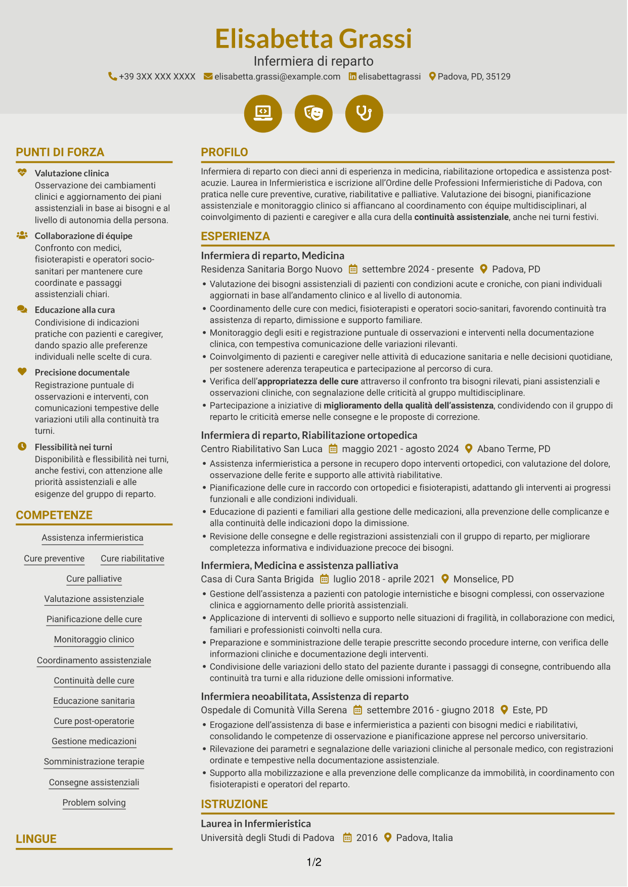 CV Dinamico (formato a due colonne con icone): Infermiere di reparto, pagina 1