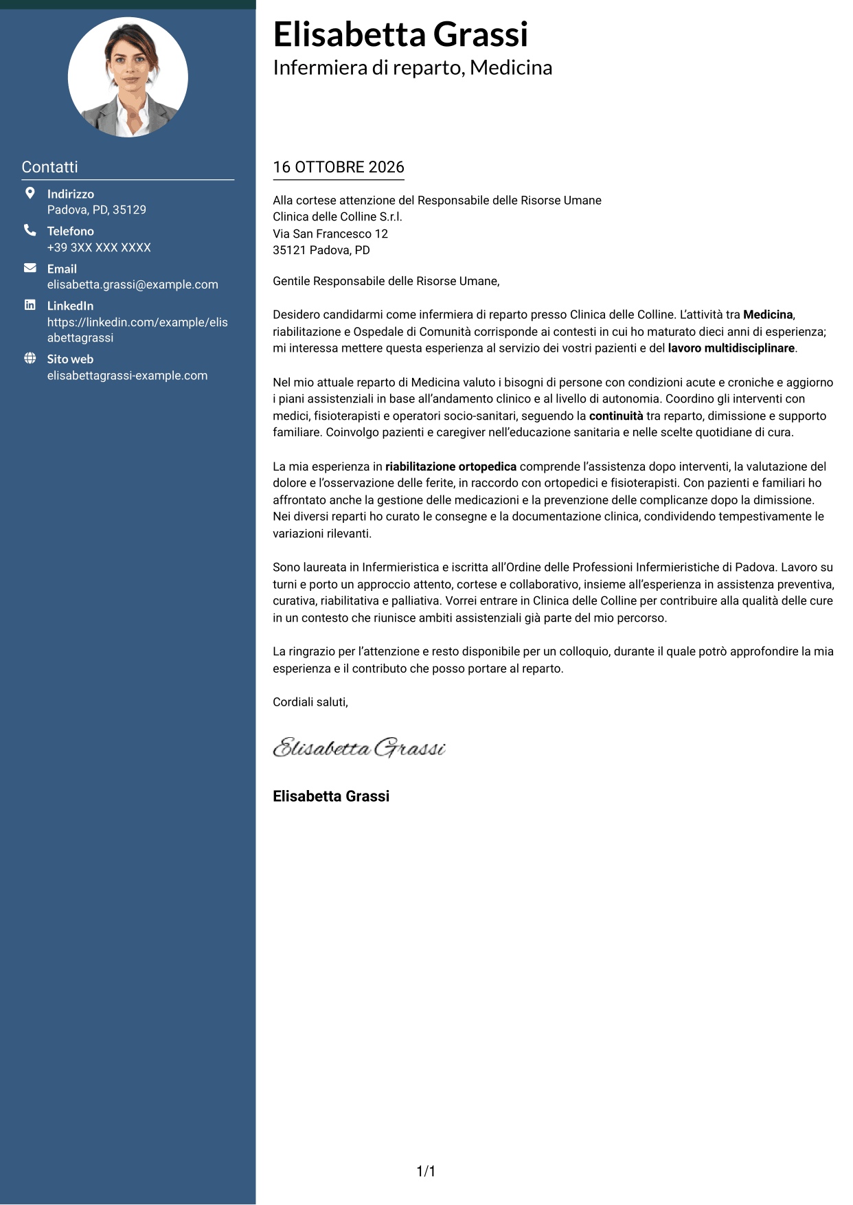 Lettera di presentazione Elegante (formato con colonna laterale colorata e foto): Infermiere di reparto, pagina 1