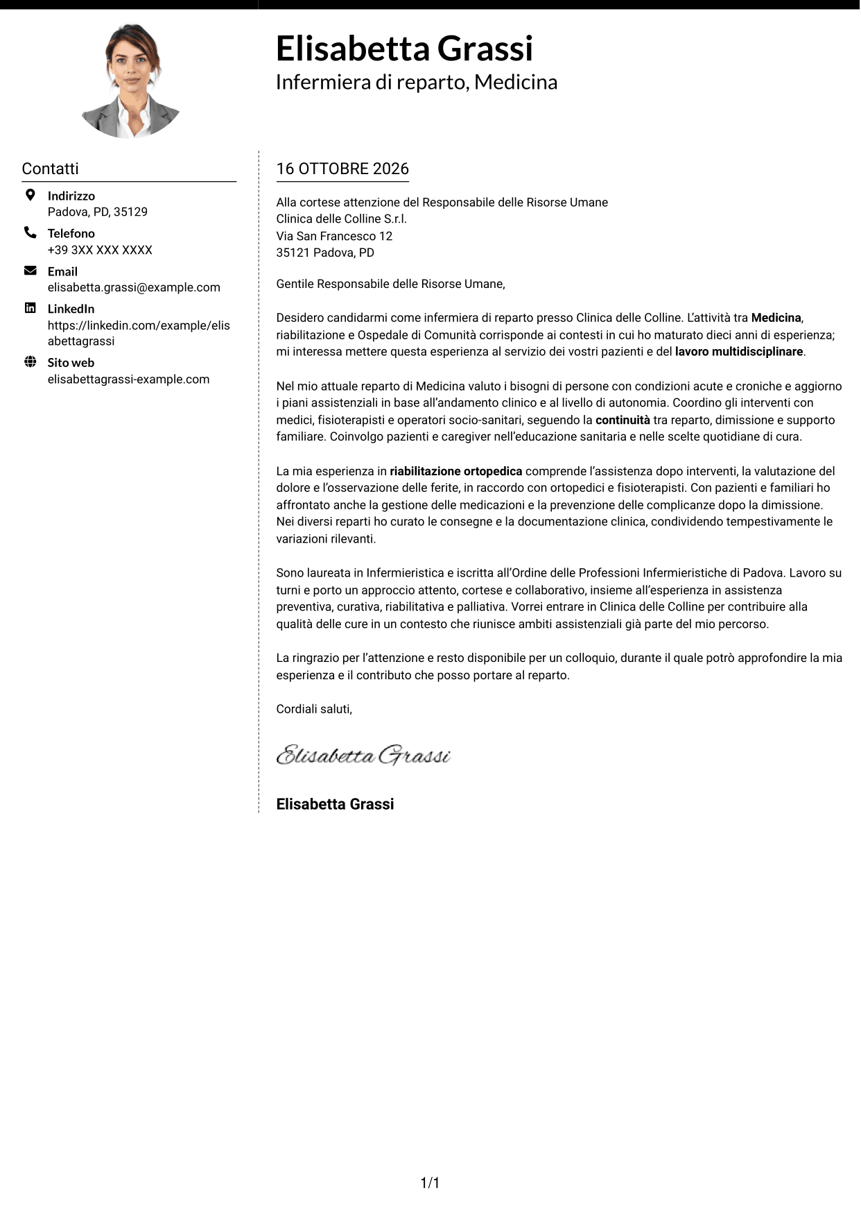 Lettera di presentazione Moderno (formato a due colonne con foto a sinistra e separatore): Infermiere di reparto, pagina 1