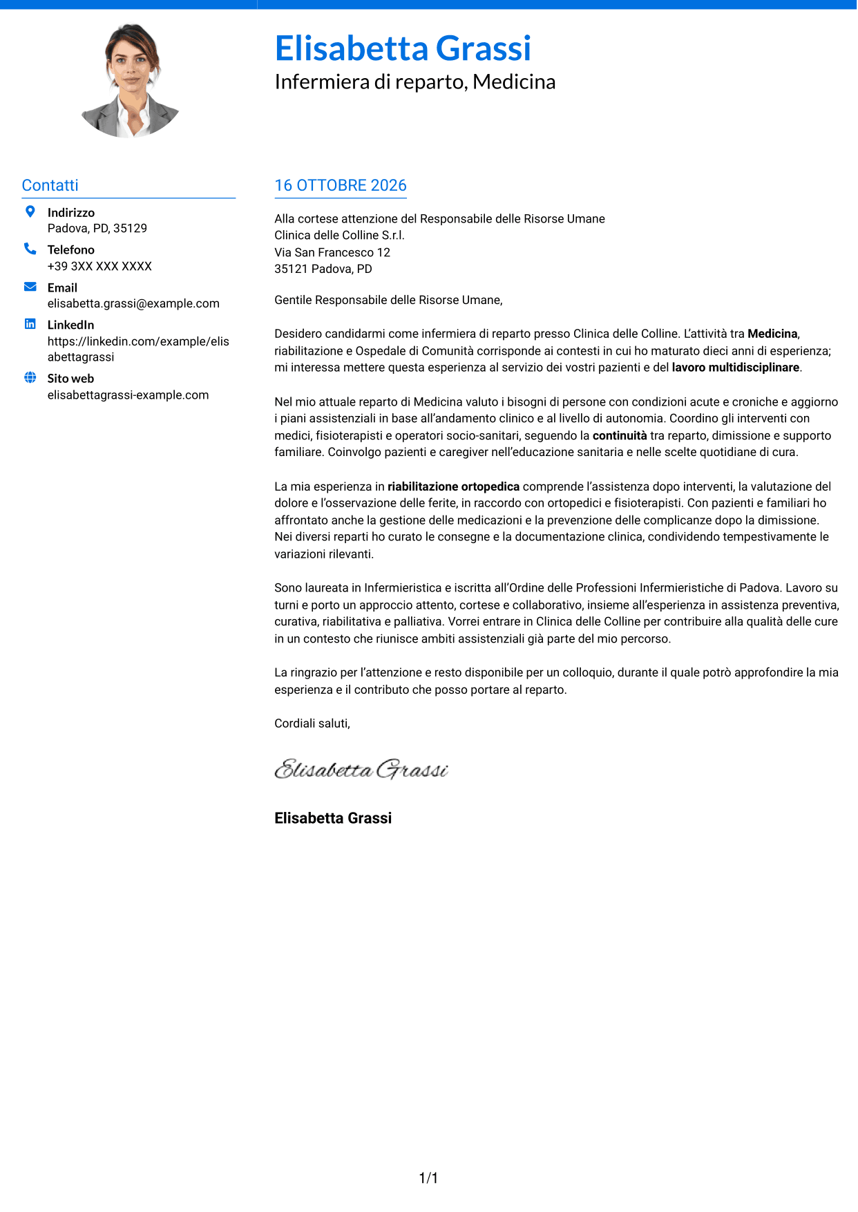 Lettera di presentazione Audace (formato a due colonne con accenti colorati e foto): Infermiere di reparto, pagina 1