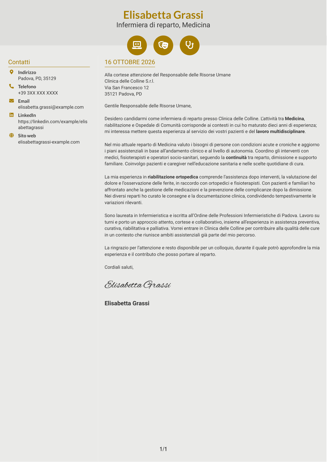 Lettera di presentazione Dinamico (formato a due colonne con icone): Infermiere di reparto, pagina 1