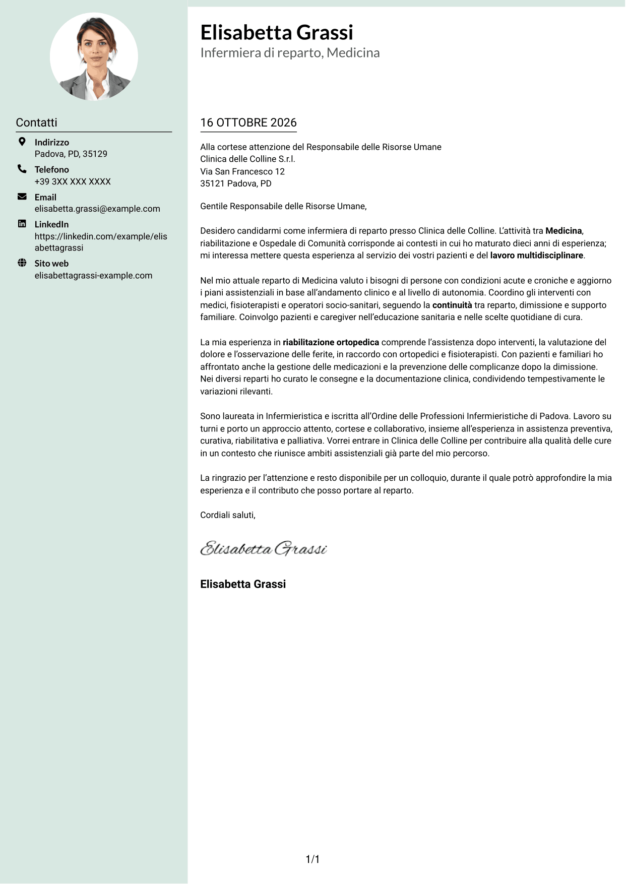 Lettera di presentazione Dirigente (formato con colonna laterale tenue e foto arrotondata): Infermiere di reparto, pagina 1