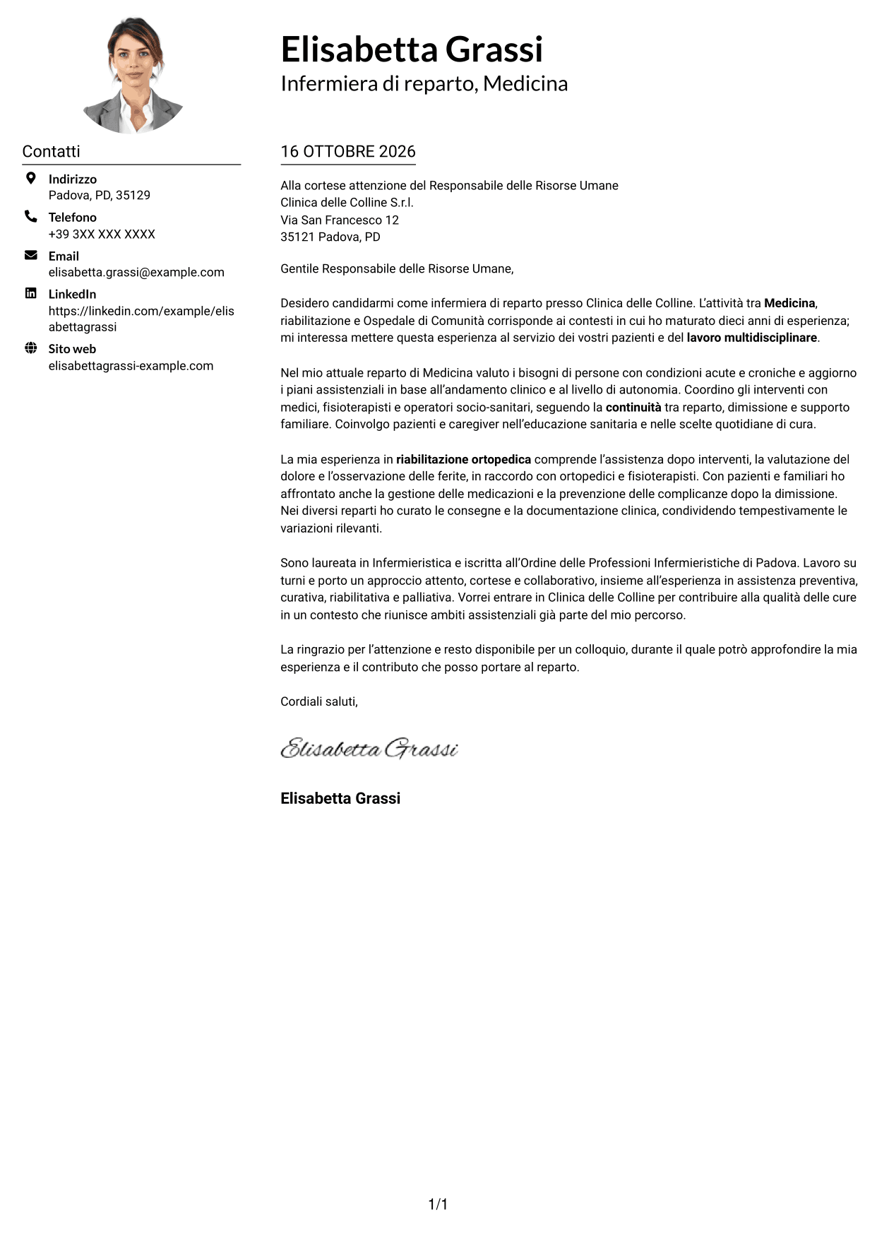 Esempio di lettera di presentazione — pagina 1