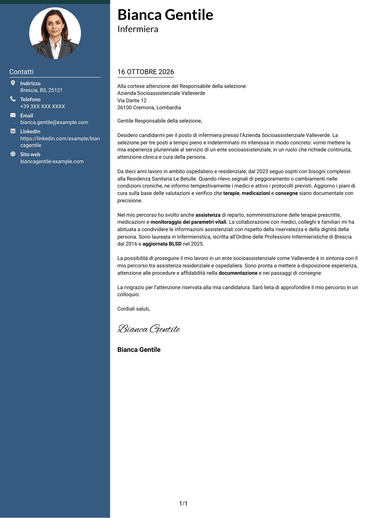 Lettera di presentazione Elegante (formato con colonna laterale colorata e foto): Infermiere, pagina 1