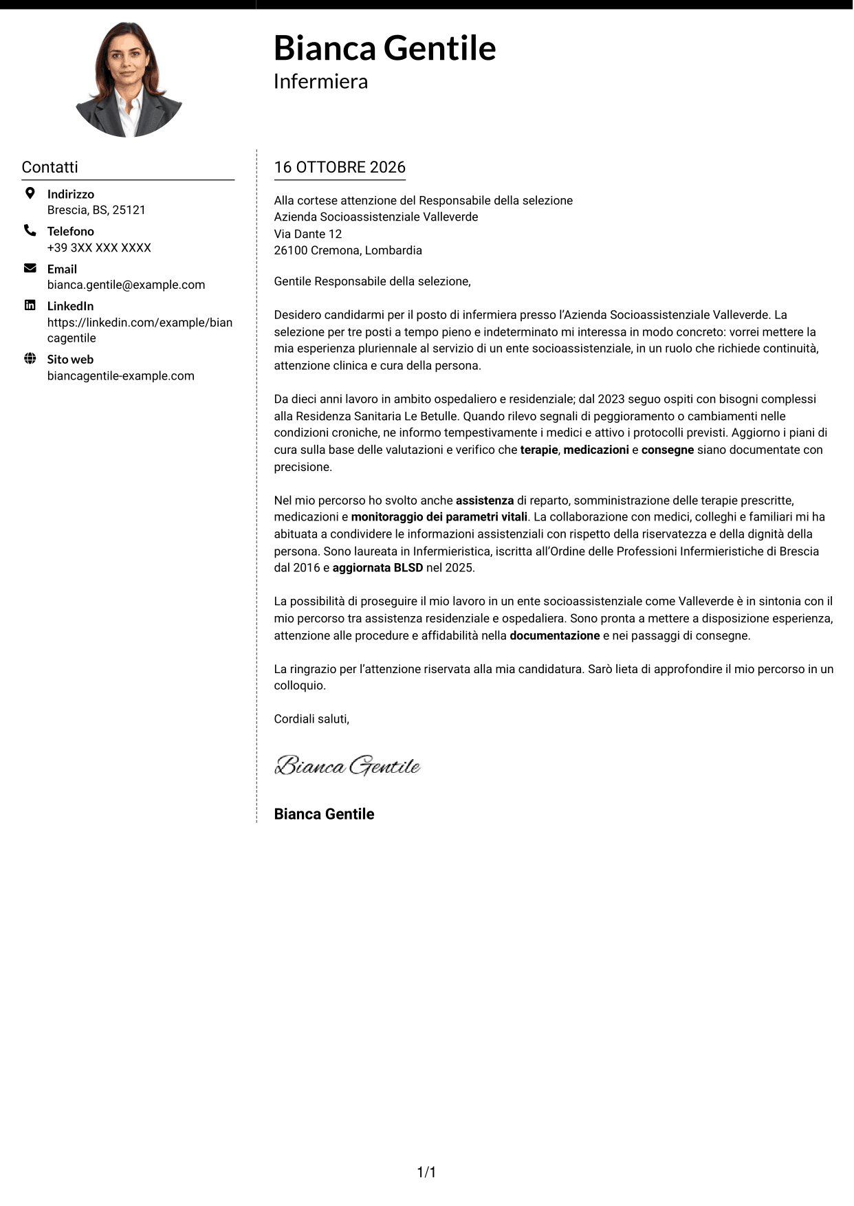 Lettera di presentazione Moderno (formato a due colonne con foto a sinistra e separatore): Infermiere, pagina 1