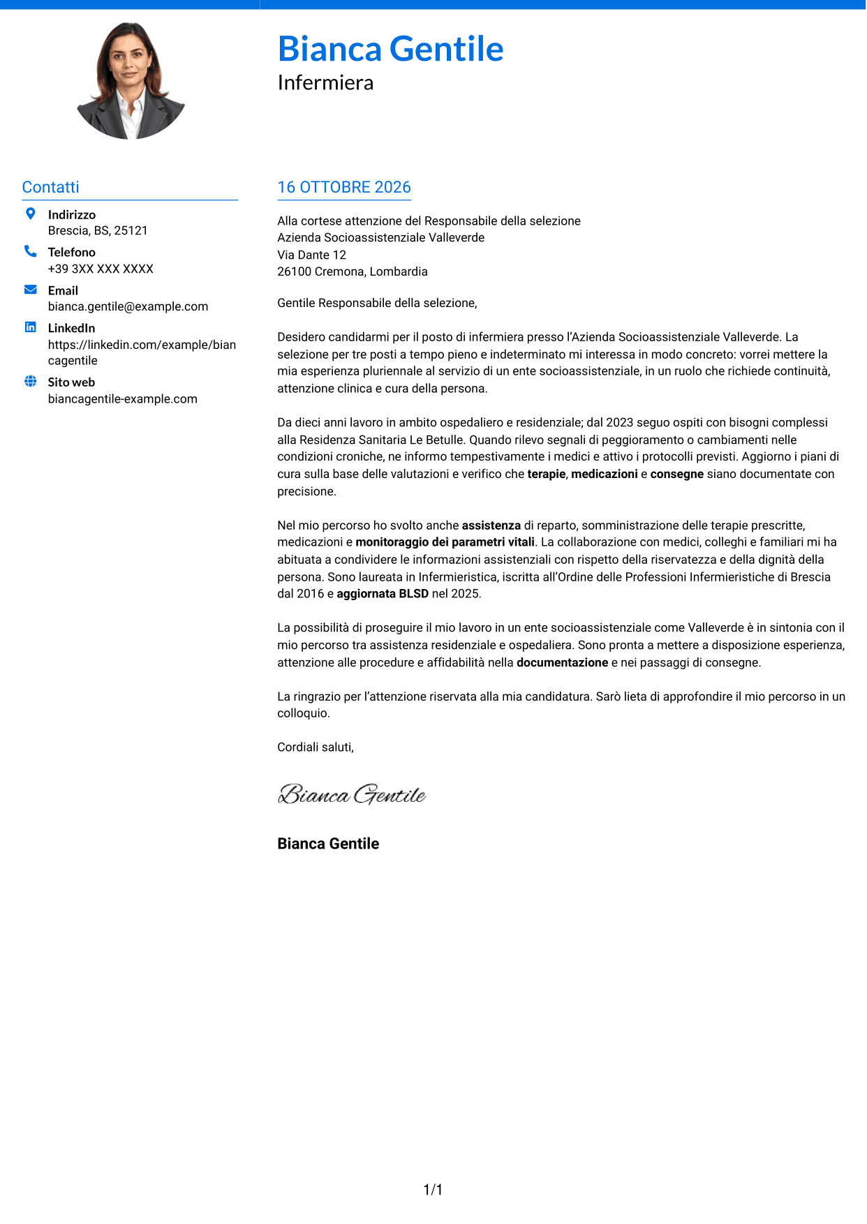 Lettera di presentazione Audace (formato a due colonne con accenti colorati e foto): Infermiere, pagina 1