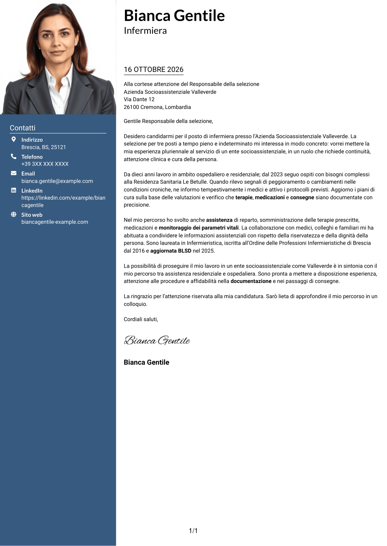 Lettera di presentazione Signature (formato con colonna laterale colorata e foto grande): Infermiere, pagina 1