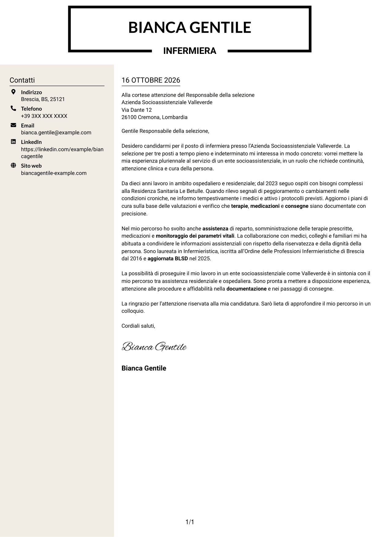 Lettera di presentazione Intraprendente (formato a due colonne con intestazione centrata senza foto): Infermiere, pagina 1