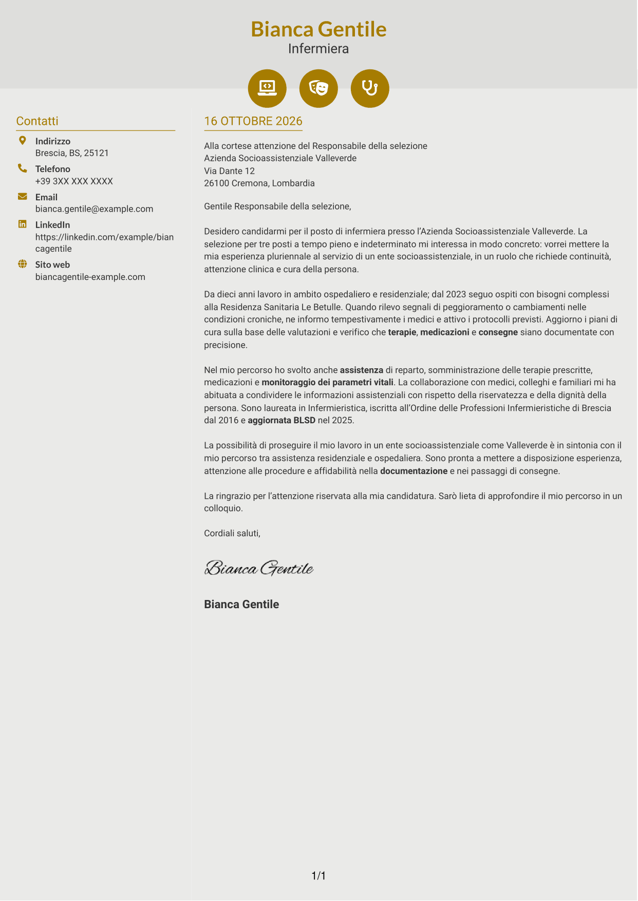 Lettera di presentazione Dinamico (formato a due colonne con icone): Infermiere, pagina 1