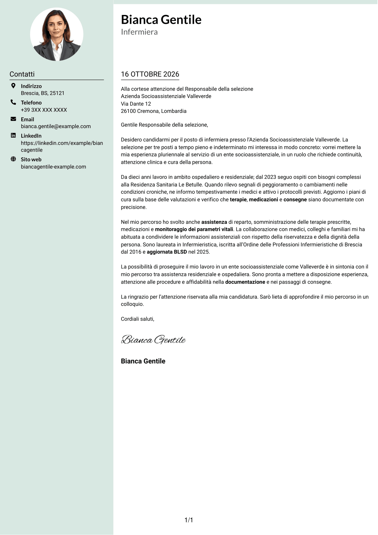 Lettera di presentazione Dirigente (formato con colonna laterale tenue e foto arrotondata): Infermiere, pagina 1