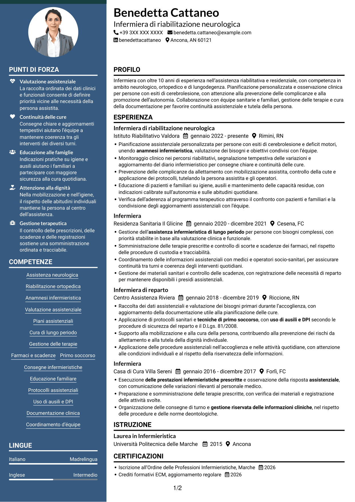 CV Elegante (formato con colonna laterale colorata e foto): Infermiere - Riabilitazione neurologica, pagina 1