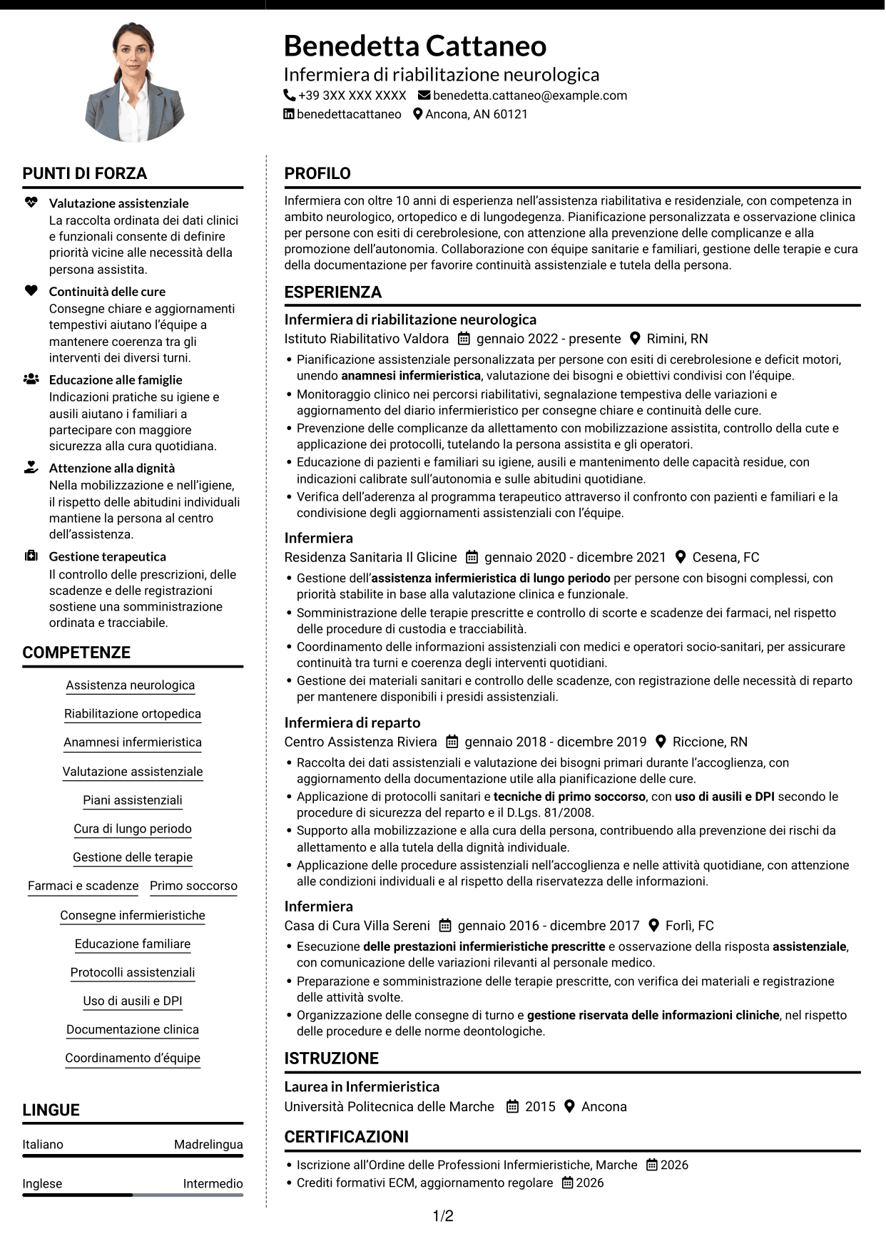 CV Moderno (formato a due colonne con foto a sinistra e separatore): Infermiere - Riabilitazione neurologica, pagina 1