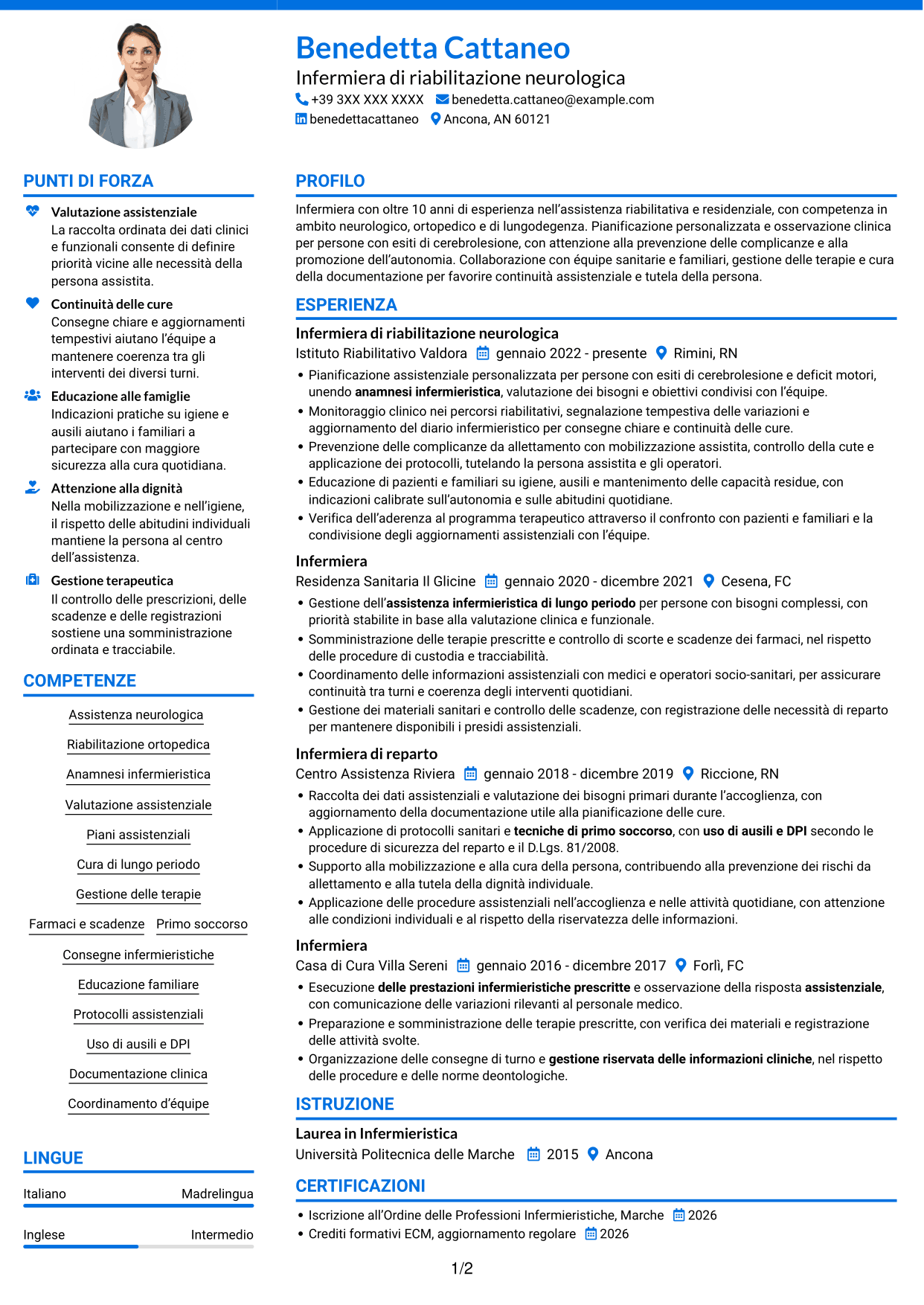 CV Audace (formato a due colonne con accenti colorati e foto): Infermiere - Riabilitazione neurologica, pagina 1