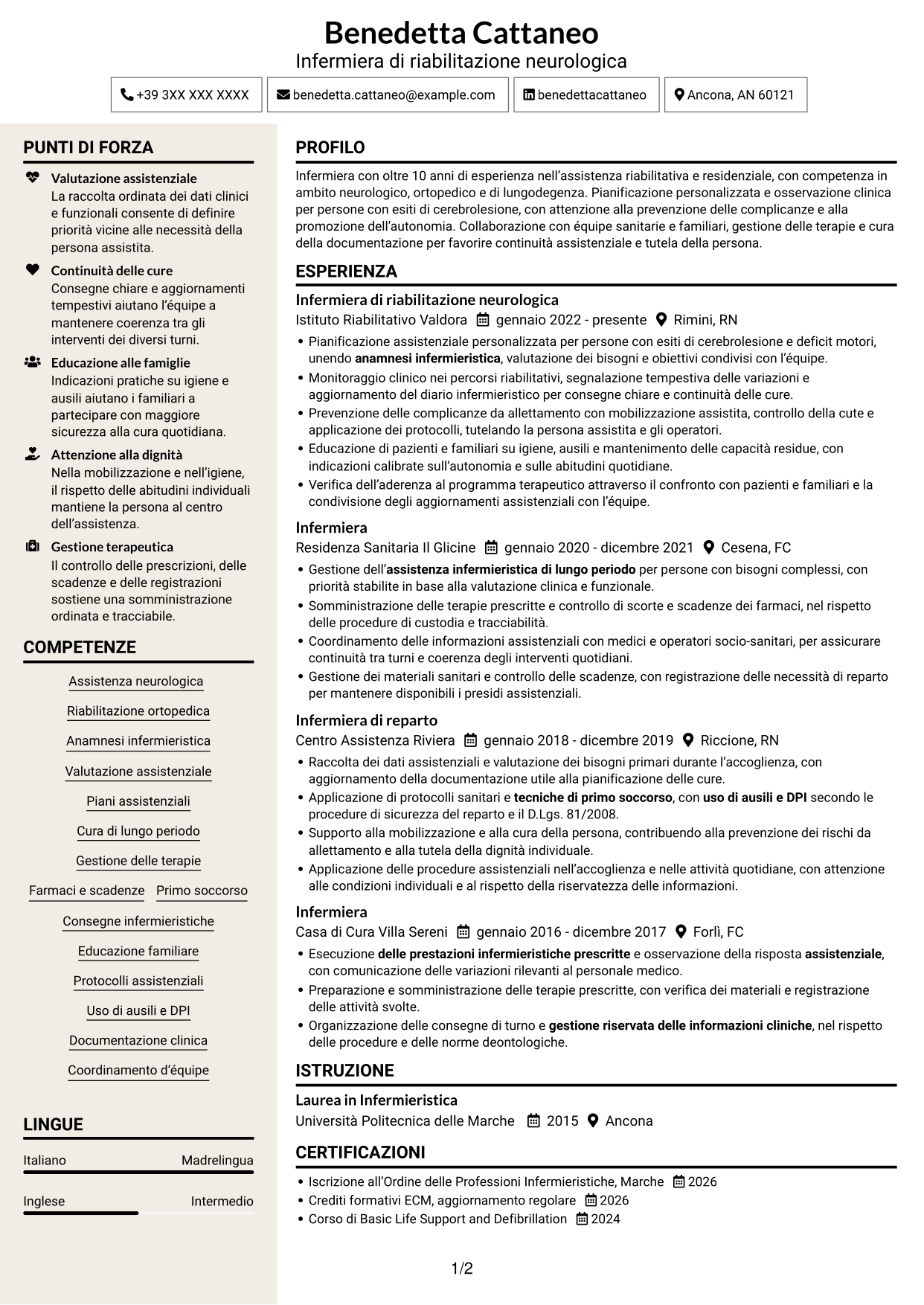 CV Intraprendente (formato a due colonne con intestazione centrata senza foto): Infermiere - Riabilitazione neurologica, pagina 1