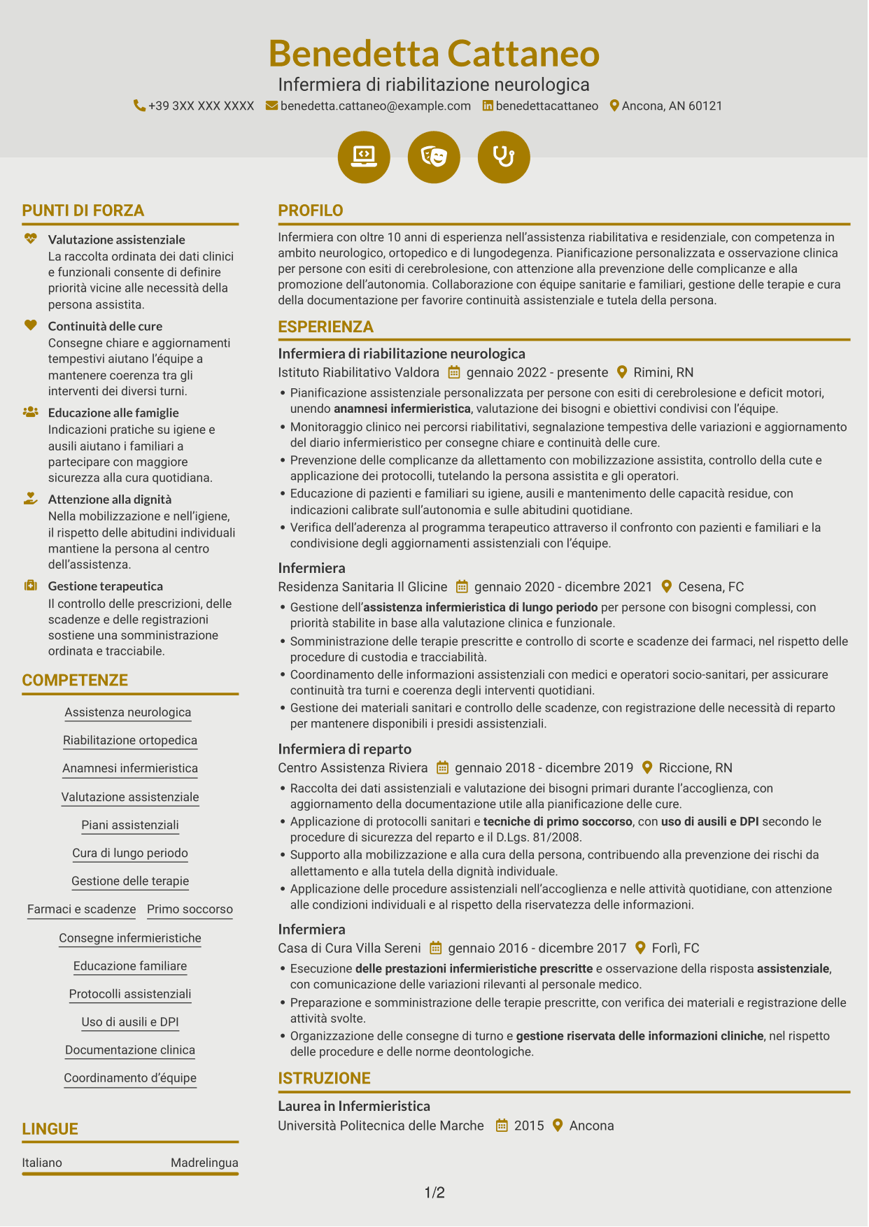 CV Dinamico (formato a due colonne con icone): Infermiere - Riabilitazione neurologica, pagina 1