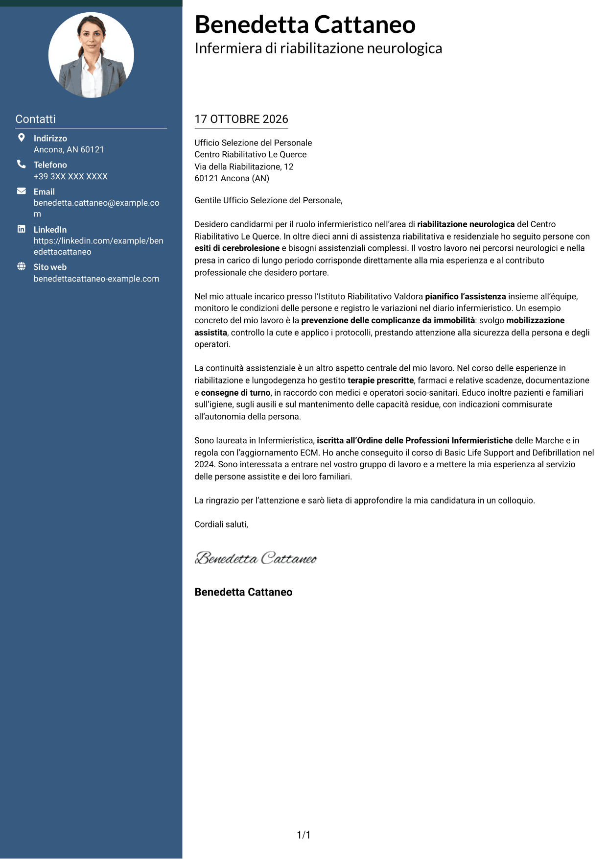 Lettera di presentazione Elegante (formato con colonna laterale colorata e foto): Infermiere - Riabilitazione neurologica, pagina 1