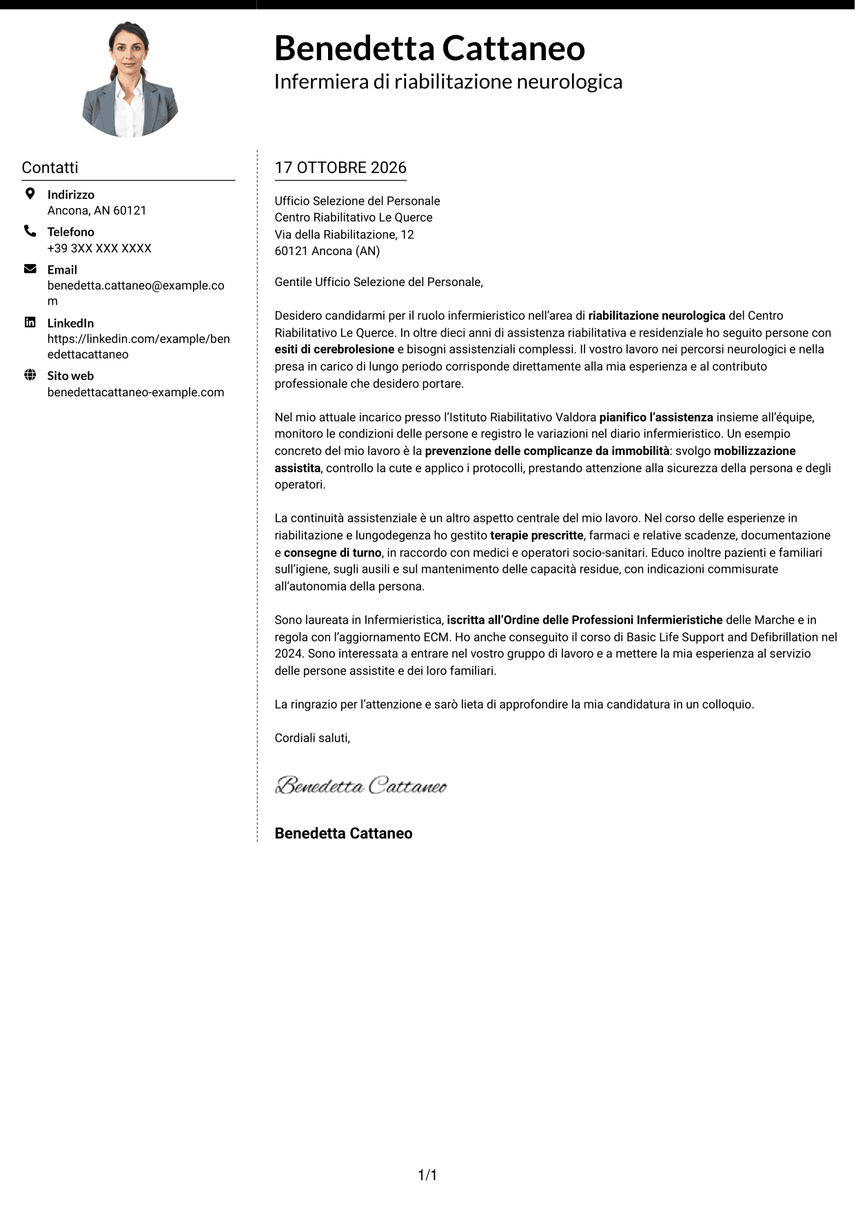 Lettera di presentazione Moderno (formato a due colonne con foto a sinistra e separatore): Infermiere - Riabilitazione neurologica, pagina 1