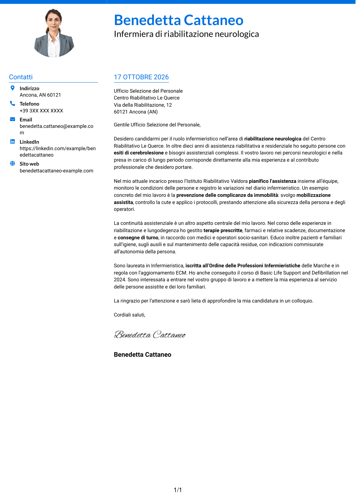 Lettera di presentazione Audace (formato a due colonne con accenti colorati e foto): Infermiere - Riabilitazione neurologica, pagina 1