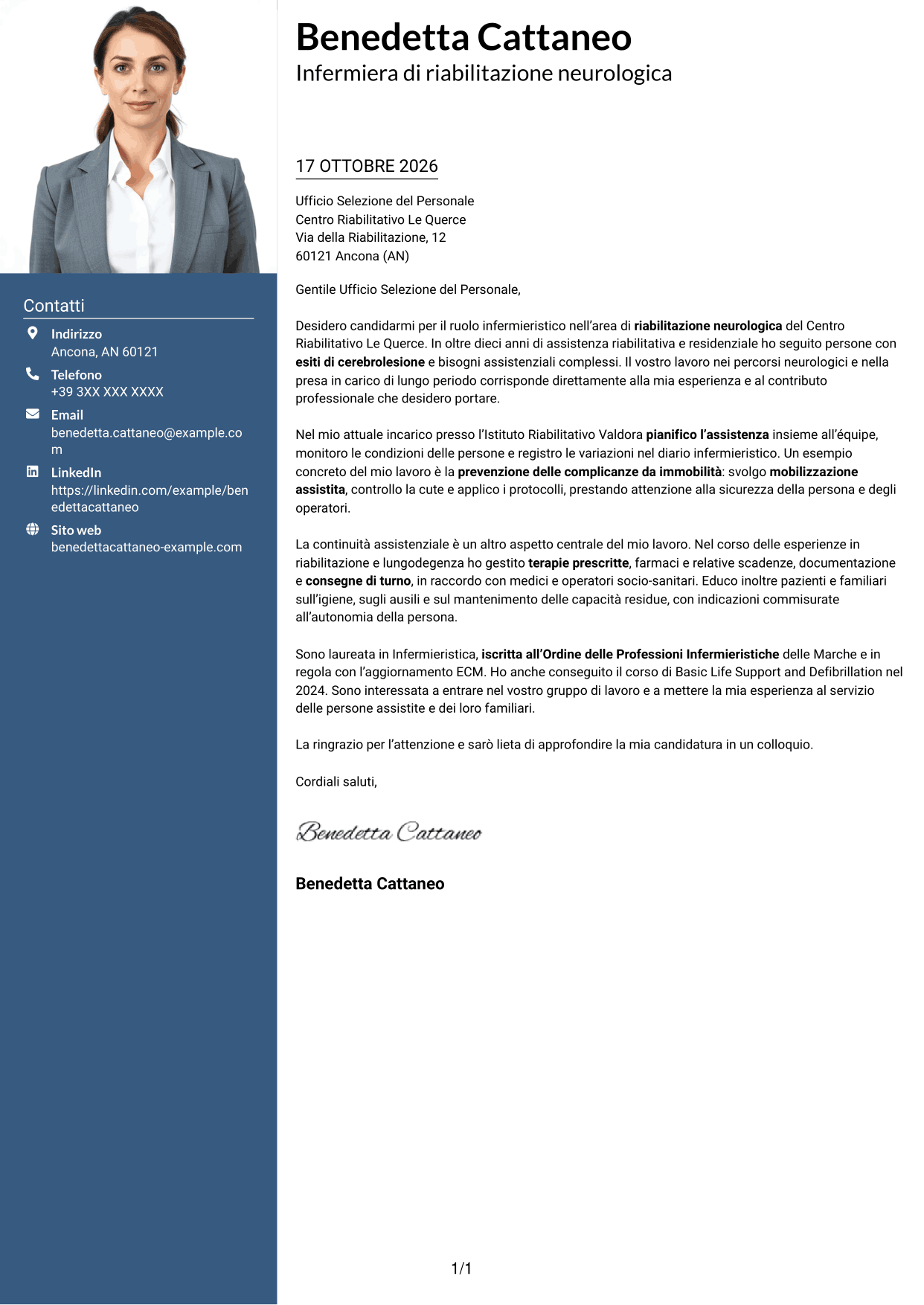Lettera di presentazione Signature (formato con colonna laterale colorata e foto grande): Infermiere - Riabilitazione neurologica, pagina 1