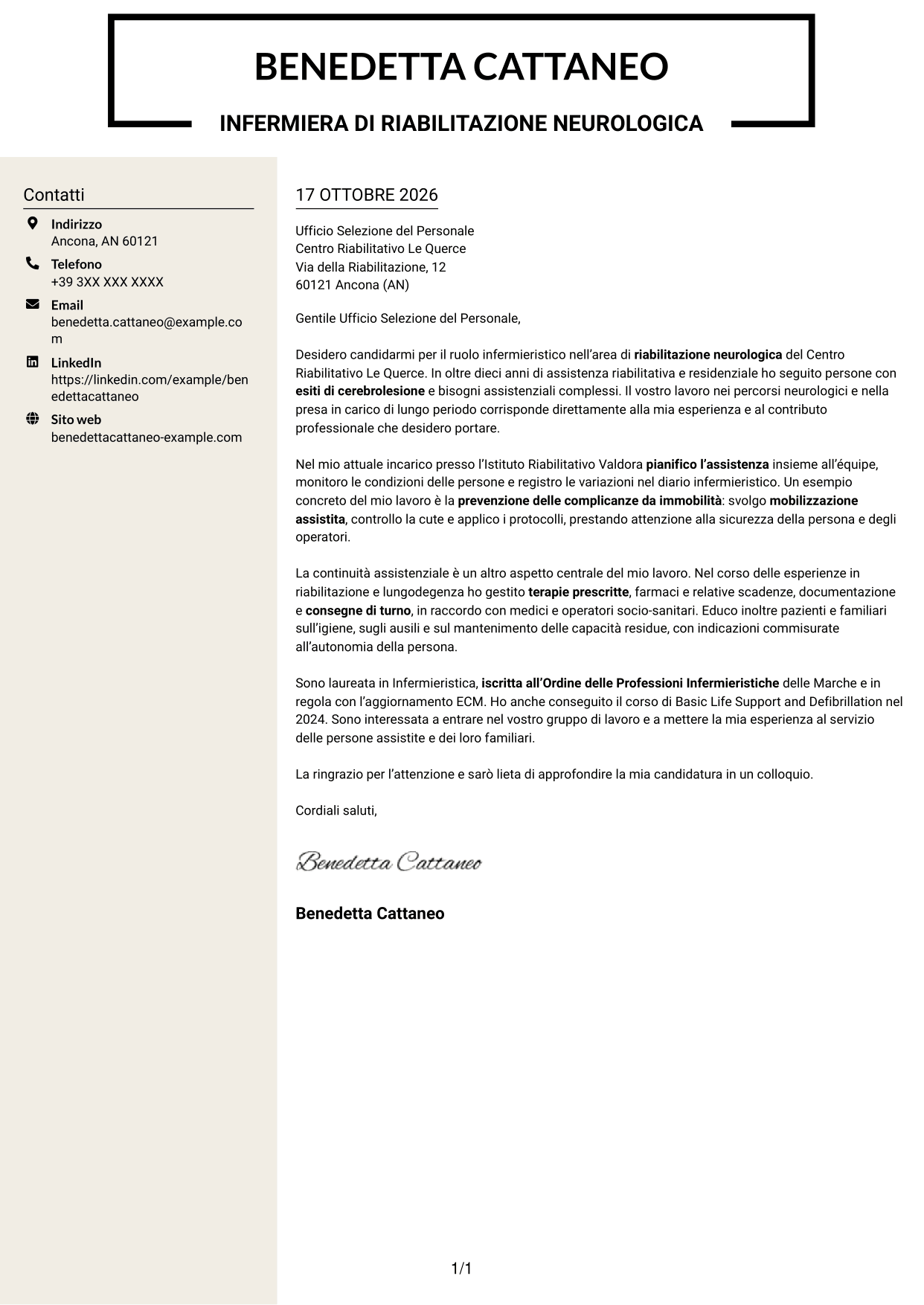 Lettera di presentazione Intraprendente (formato a due colonne con intestazione centrata senza foto): Infermiere - Riabilitazione neurologica, pagina 1