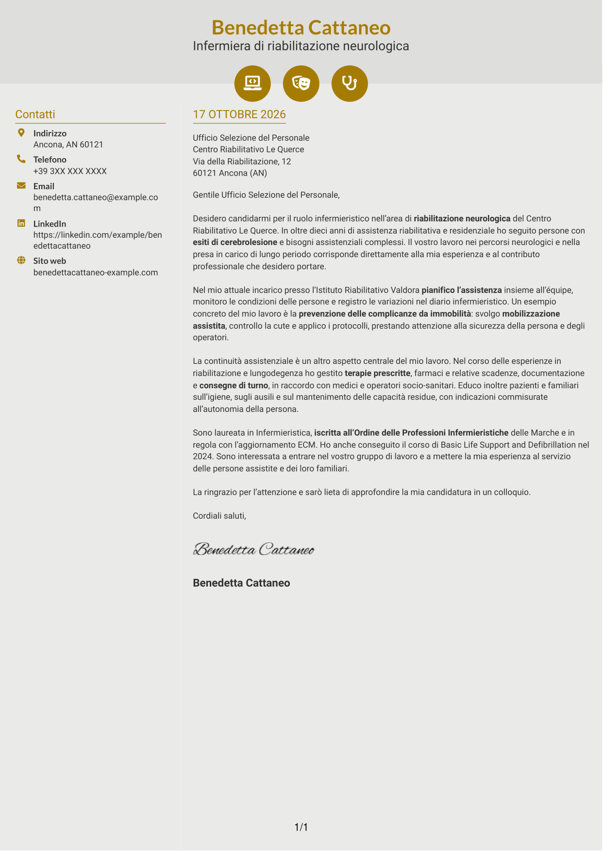 Lettera di presentazione Dinamico (formato a due colonne con icone): Infermiere - Riabilitazione neurologica, pagina 1