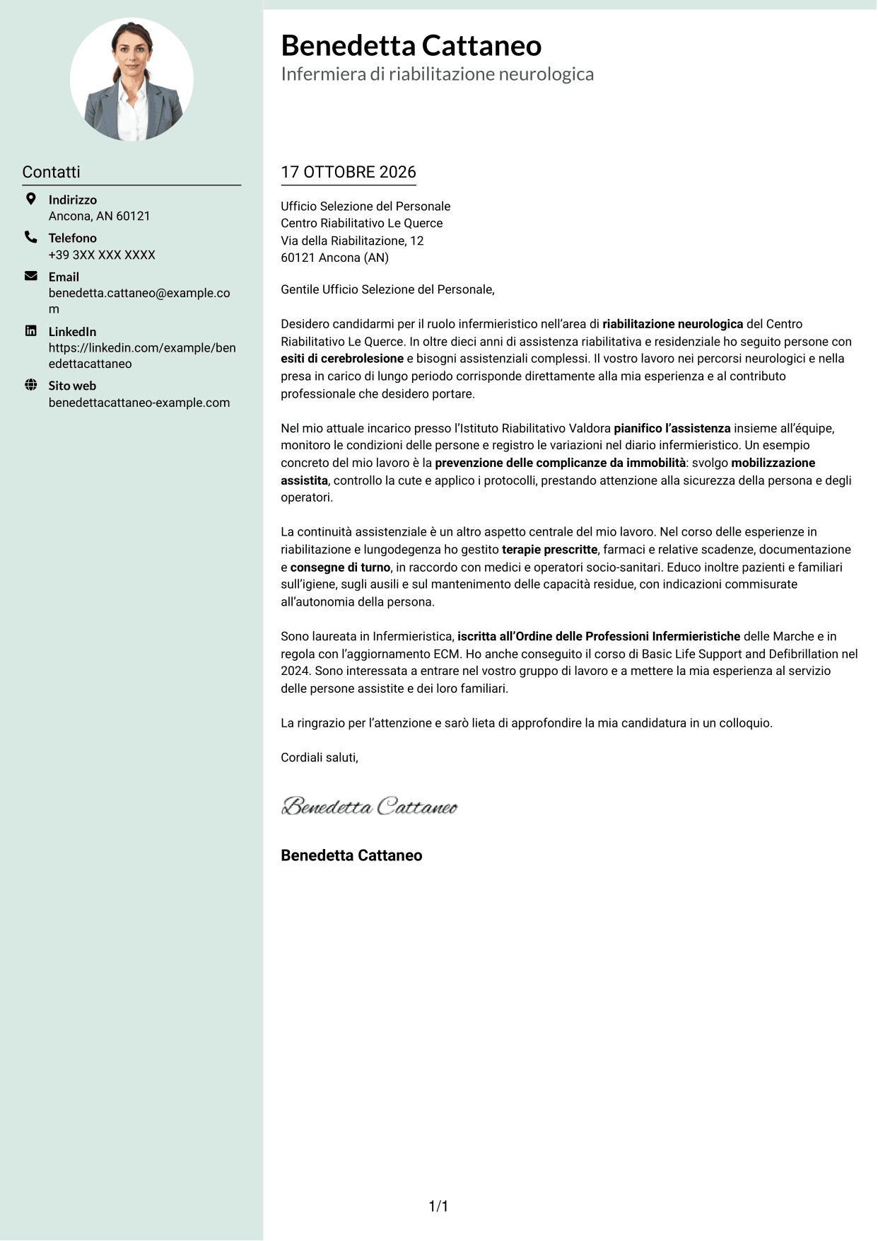Lettera di presentazione Dirigente (formato con colonna laterale tenue e foto arrotondata): Infermiere - Riabilitazione neurologica, pagina 1