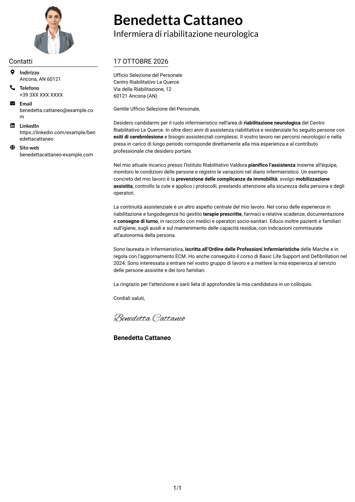 Esempio di lettera di presentazione — pagina 1