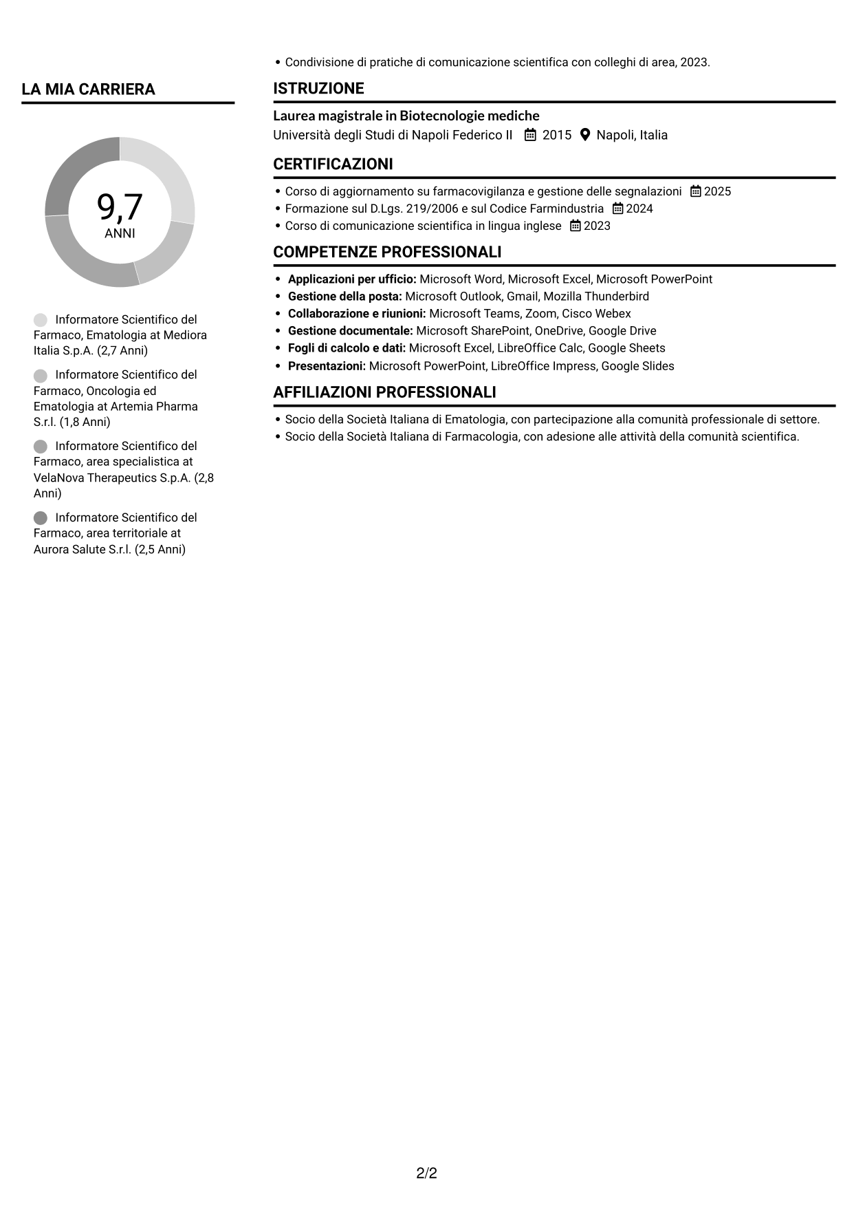 CV Compatto (formato sobrio a due colonne con foto): Informatore Scientifico del Farmaco - Ematologia, pagina 2