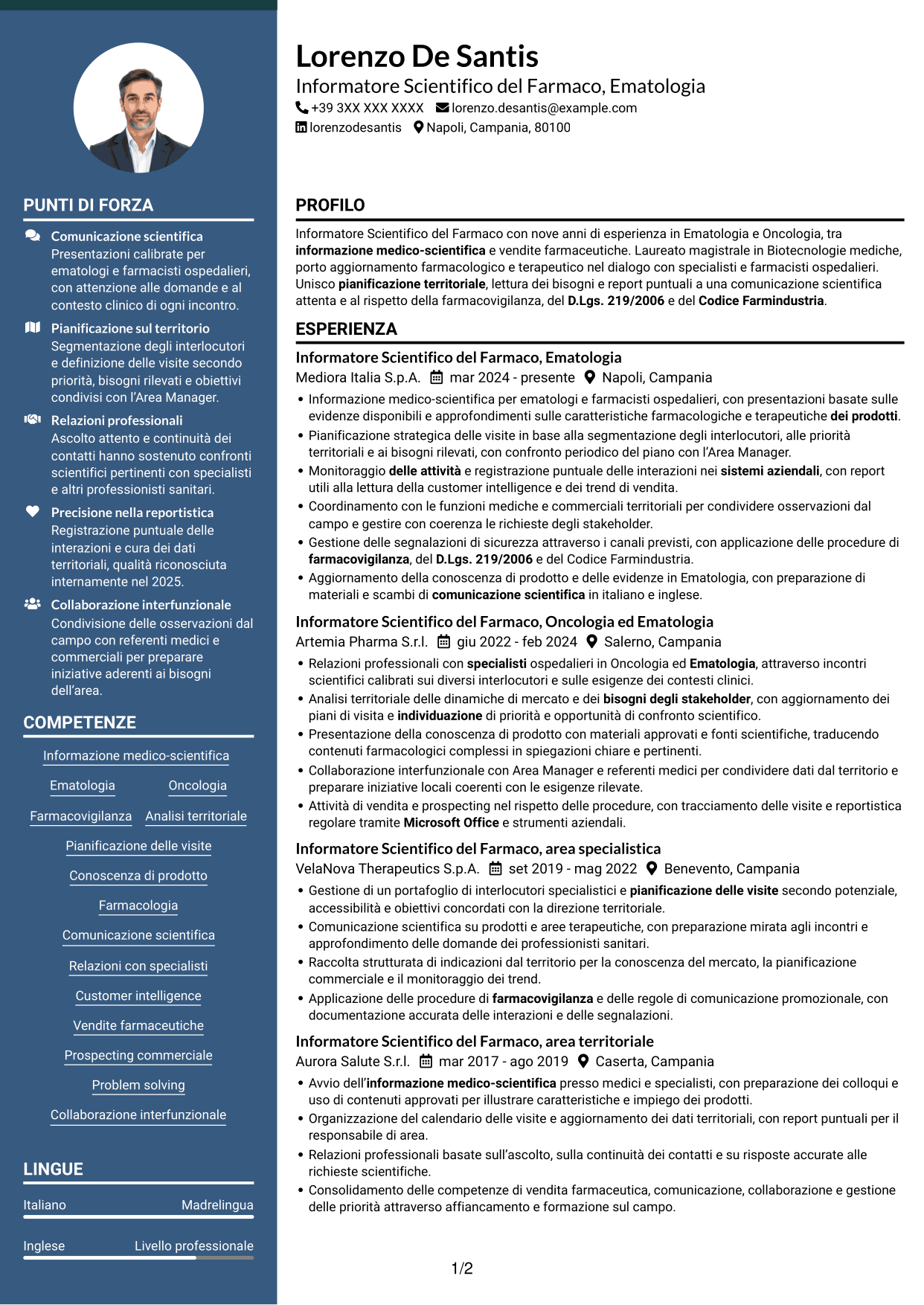 CV Elegante (formato con colonna laterale colorata e foto): Informatore Scientifico del Farmaco - Ematologia, pagina 1