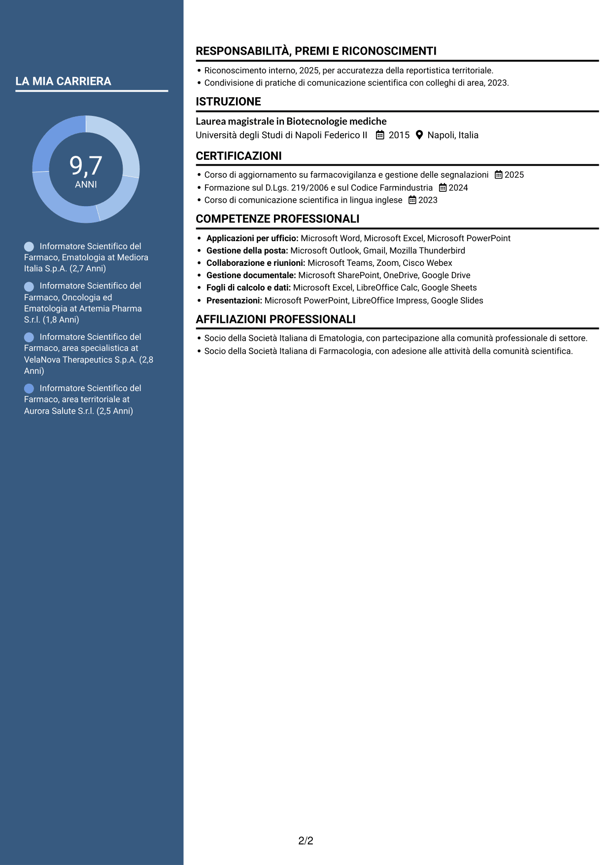 CV Elegante (formato con colonna laterale colorata e foto): Informatore Scientifico del Farmaco - Ematologia, pagina 2