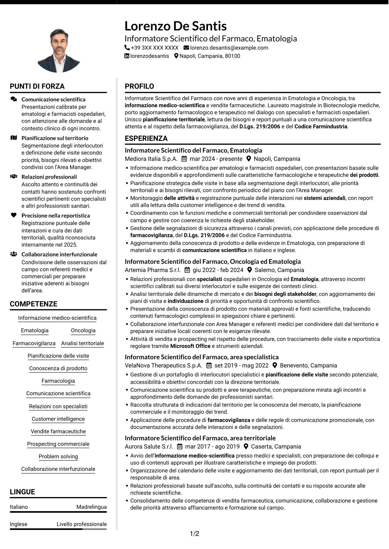 CV Moderno (formato a due colonne con foto a sinistra e separatore): Informatore Scientifico del Farmaco - Ematologia, pagina 1