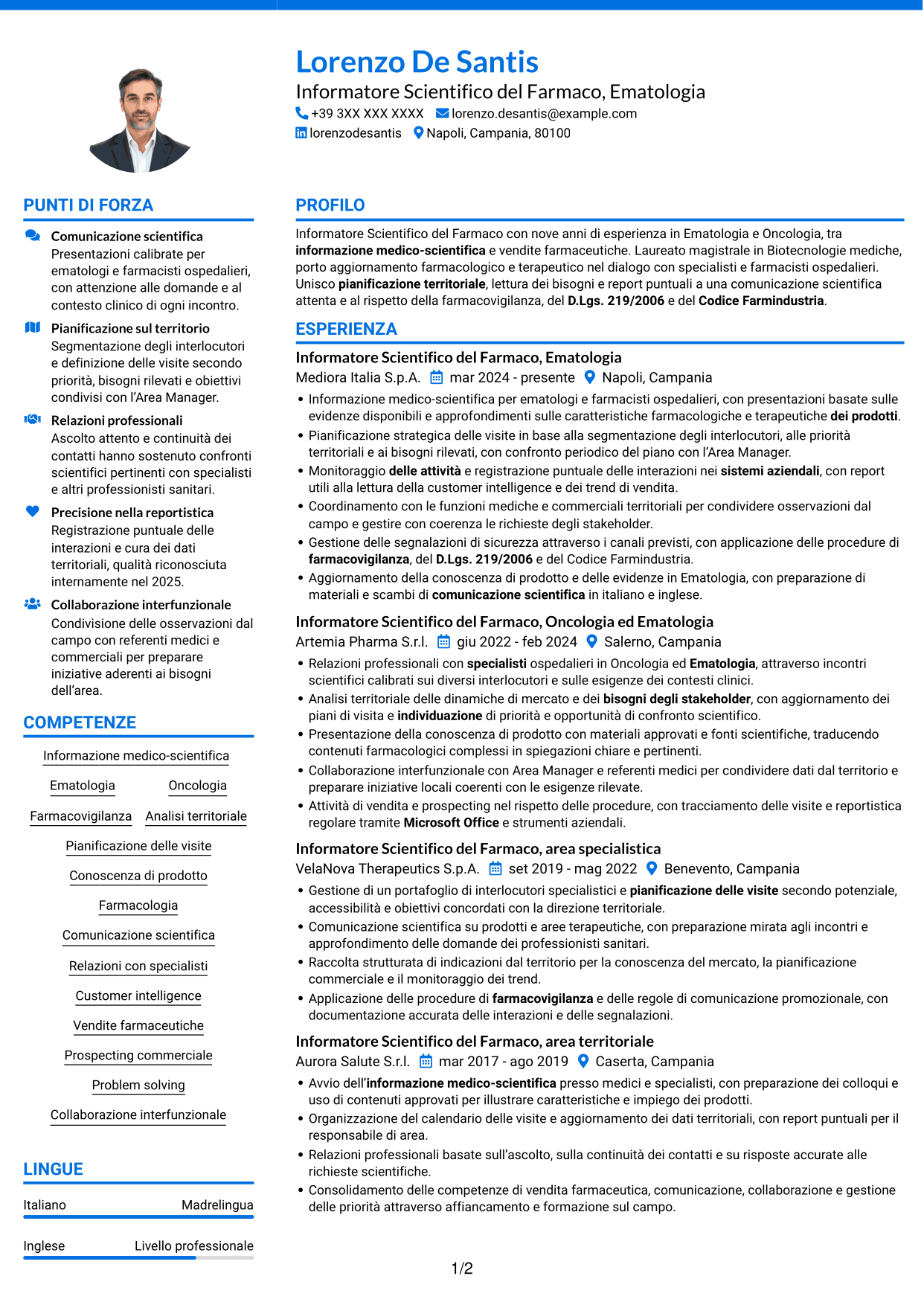 CV Audace (formato a due colonne con accenti colorati e foto): Informatore Scientifico del Farmaco - Ematologia, pagina 1