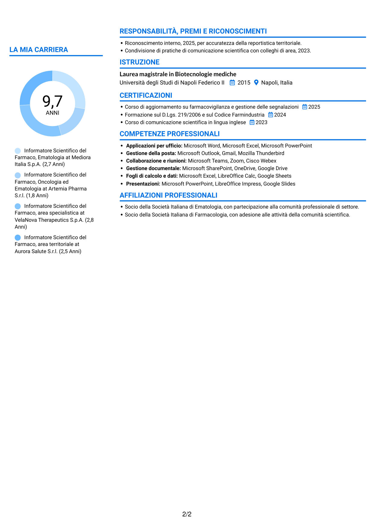 CV Audace (formato a due colonne con accenti colorati e foto): Informatore Scientifico del Farmaco - Ematologia, pagina 2