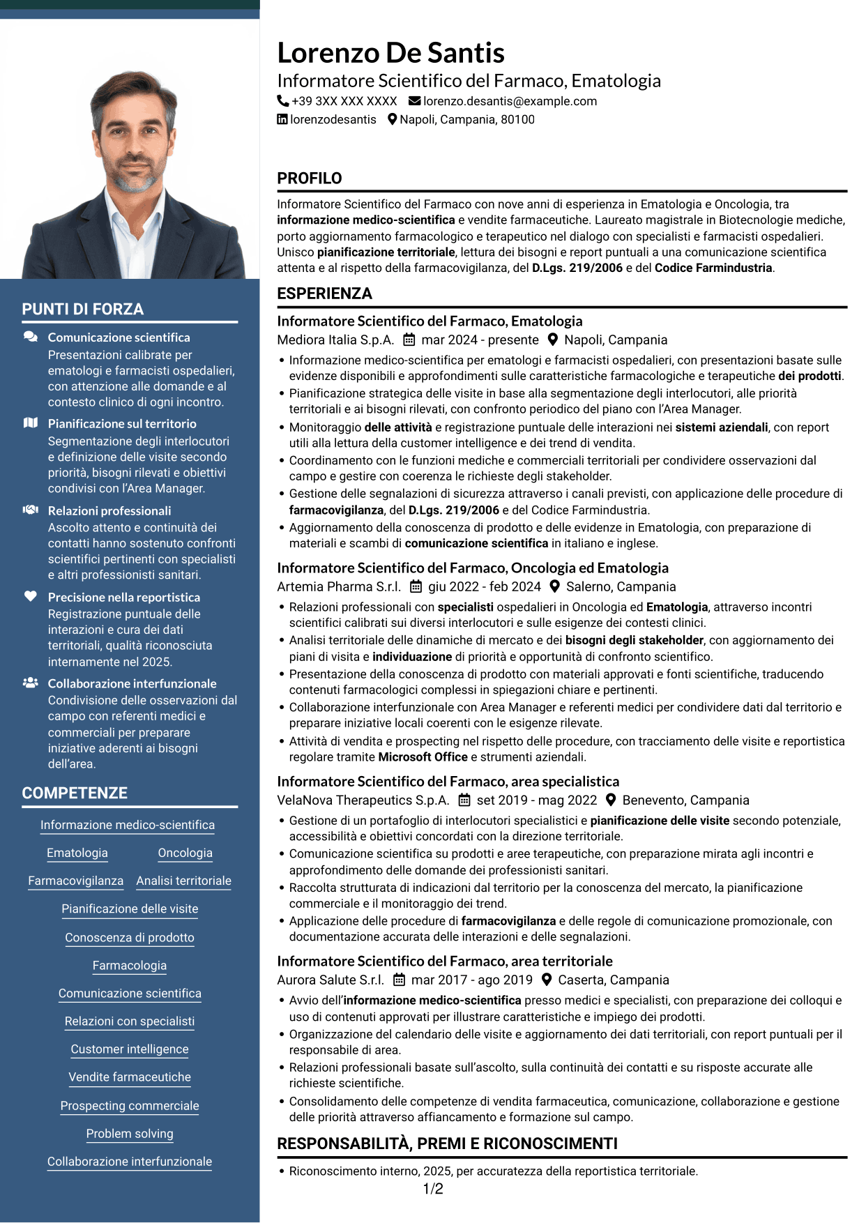 CV Signature (formato con colonna laterale colorata e foto grande): Informatore Scientifico del Farmaco - Ematologia, pagina 1