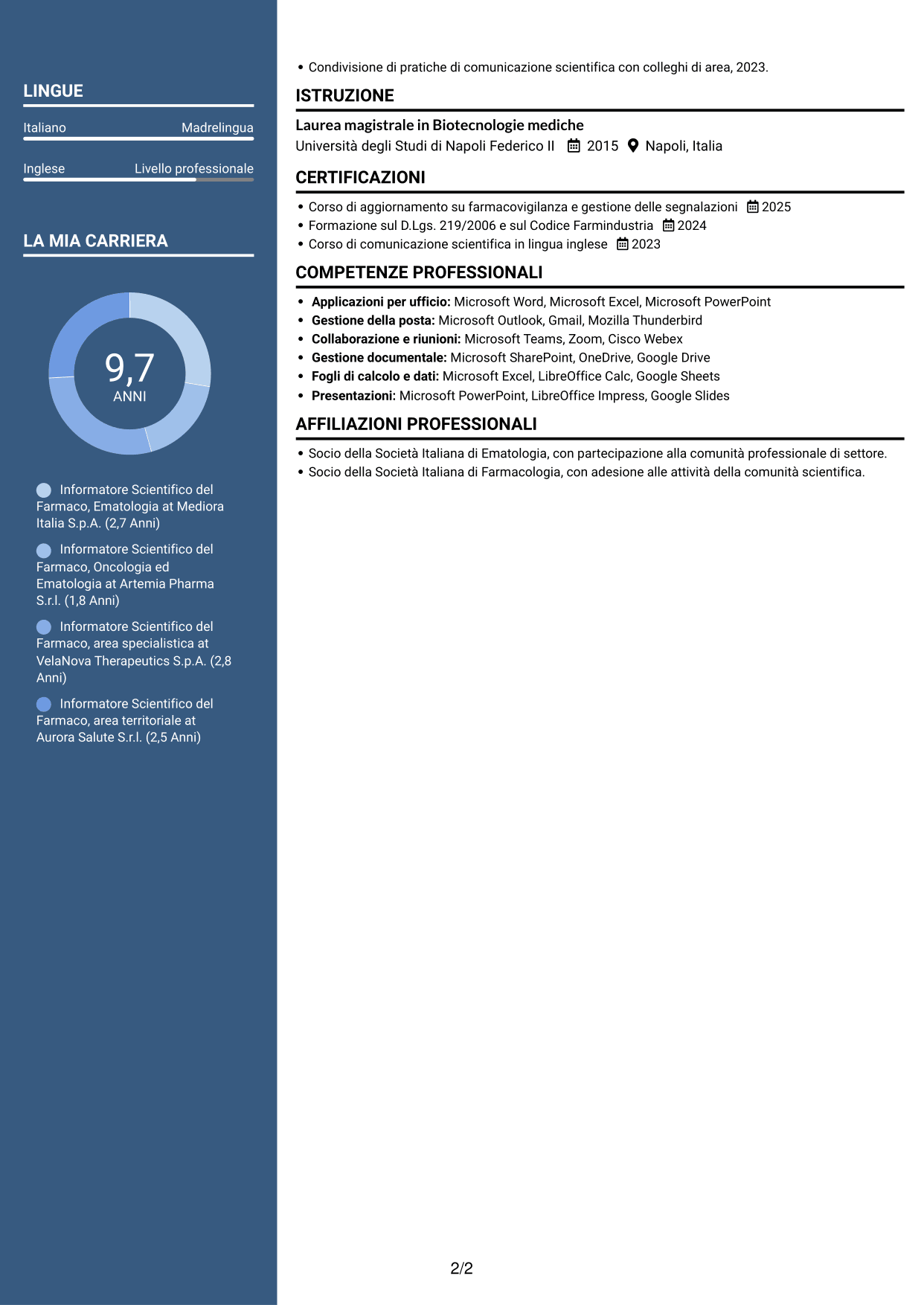 CV Signature (formato con colonna laterale colorata e foto grande): Informatore Scientifico del Farmaco - Ematologia, pagina 2