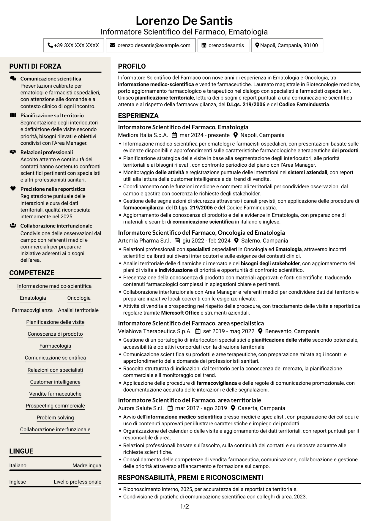 CV Intraprendente (formato a due colonne con intestazione centrata senza foto): Informatore Scientifico del Farmaco - Ematologia, pagina 1