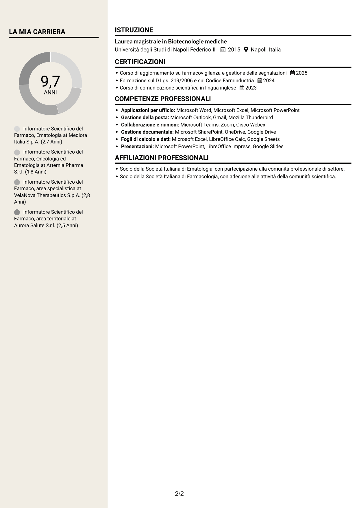 CV Intraprendente (formato a due colonne con intestazione centrata senza foto): Informatore Scientifico del Farmaco - Ematologia, pagina 2
