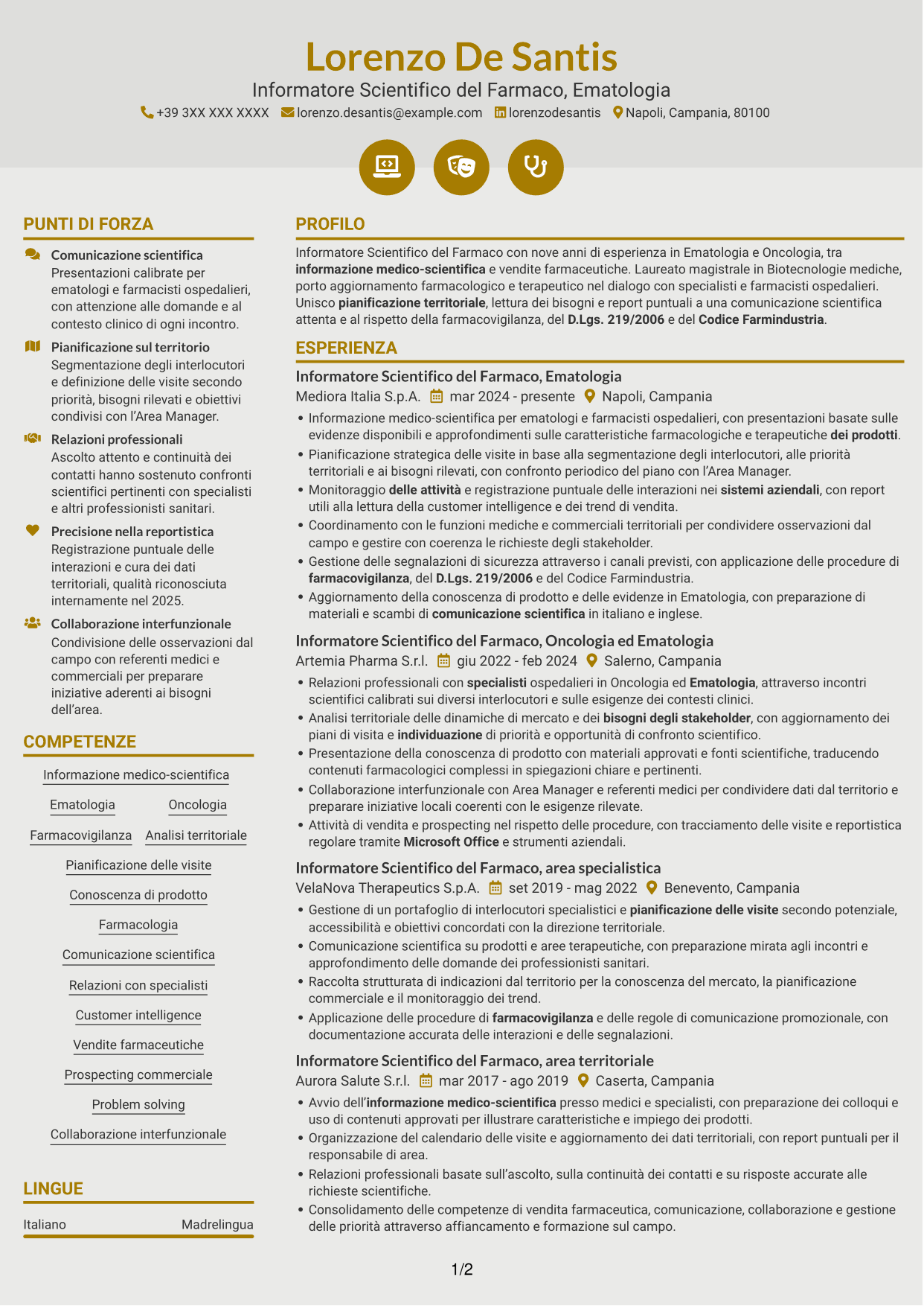 CV Dinamico (formato a due colonne con icone): Informatore Scientifico del Farmaco - Ematologia, pagina 1