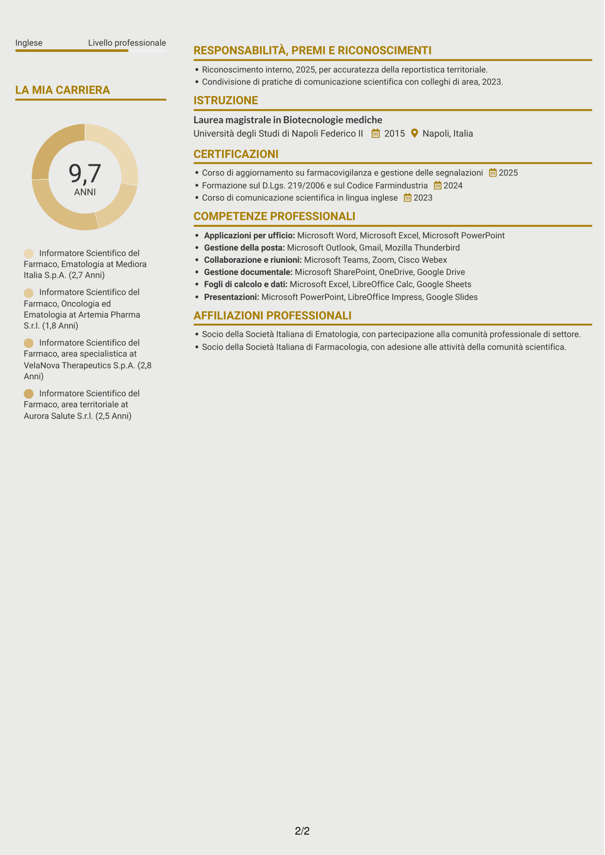 CV Dinamico (formato a due colonne con icone): Informatore Scientifico del Farmaco - Ematologia, pagina 2