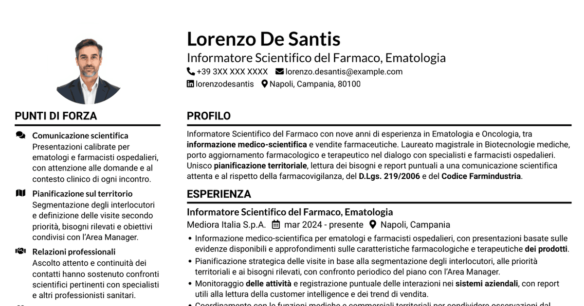 7 modelli di CV per Informatore Scientifico del Farmaco - Ematologia, con esempi