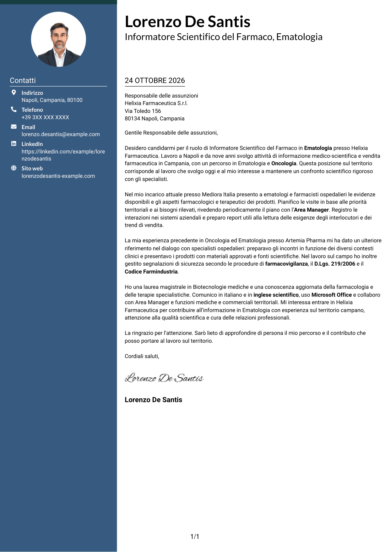 Lettera di presentazione Elegante (formato con colonna laterale colorata e foto): Informatore Scientifico del Farmaco - Ematologia, pagina 1