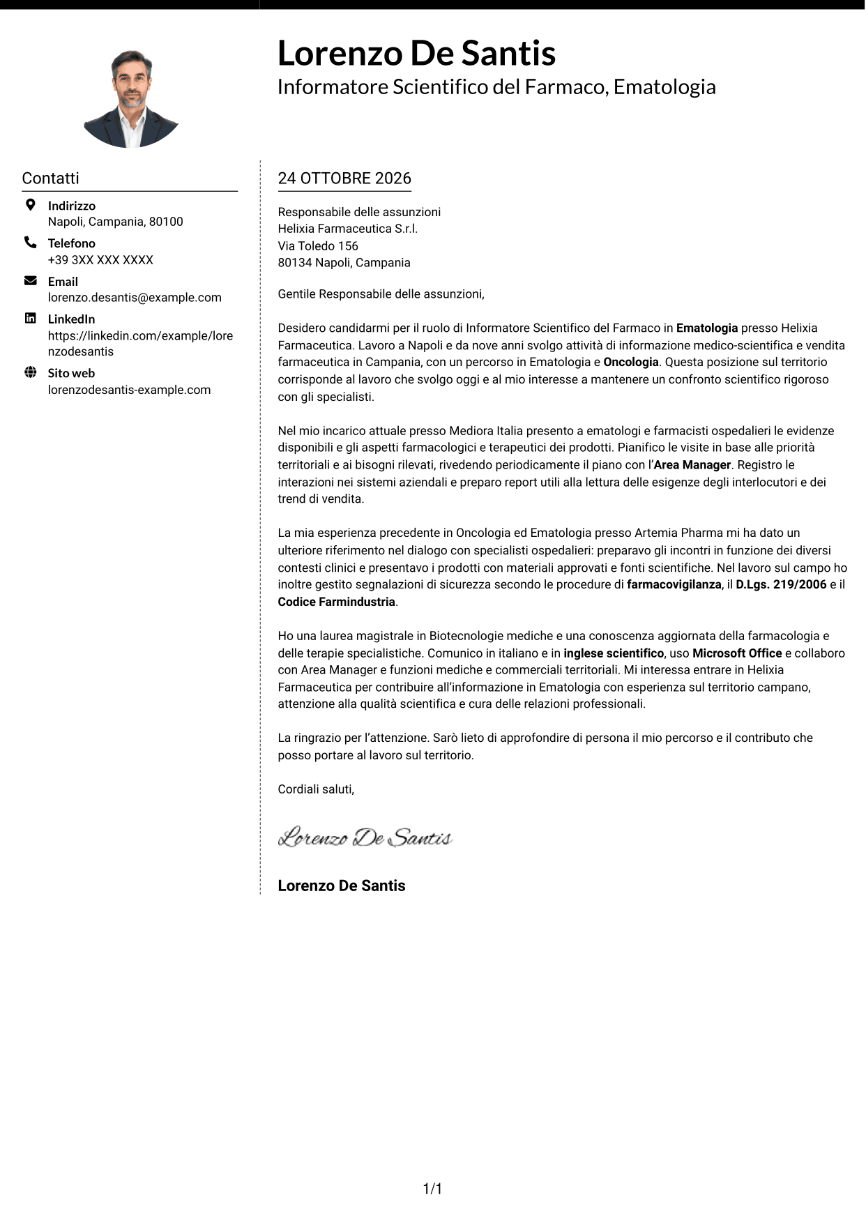 Lettera di presentazione Moderno (formato a due colonne con foto a sinistra e separatore): Informatore Scientifico del Farmaco - Ematologia, pagina 1