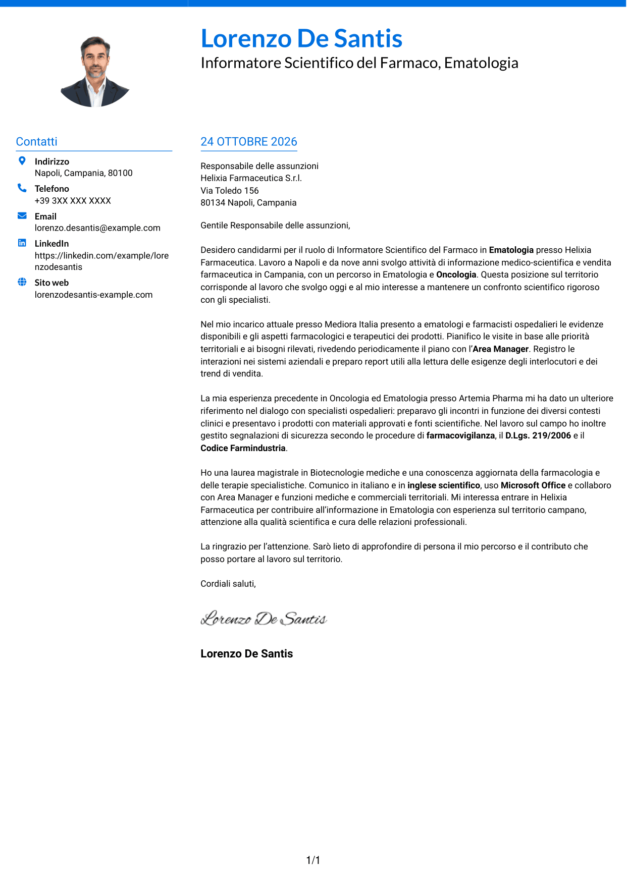 Lettera di presentazione Audace (formato a due colonne con accenti colorati e foto): Informatore Scientifico del Farmaco - Ematologia, pagina 1