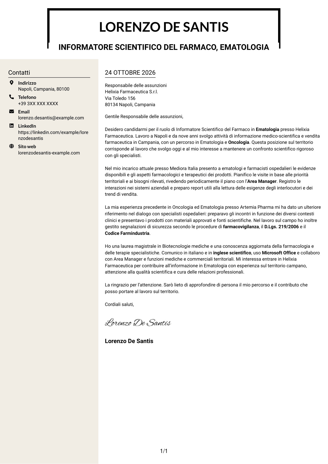 Lettera di presentazione Intraprendente (formato a due colonne con intestazione centrata senza foto): Informatore Scientifico del Farmaco - Ematologia, pagina 1