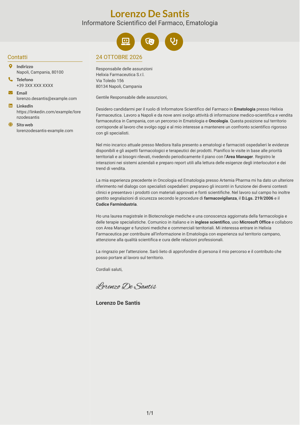 Lettera di presentazione Dinamico (formato a due colonne con icone): Informatore Scientifico del Farmaco - Ematologia, pagina 1