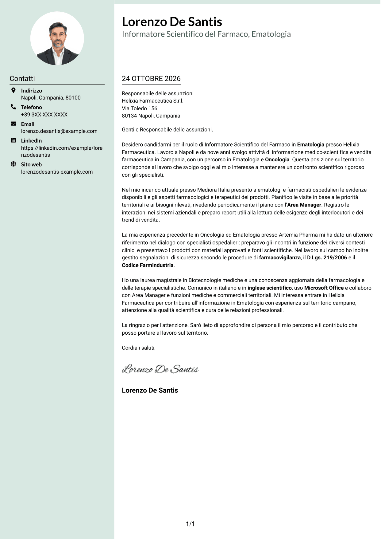 Lettera di presentazione Dirigente (formato con colonna laterale tenue e foto arrotondata): Informatore Scientifico del Farmaco - Ematologia, pagina 1
