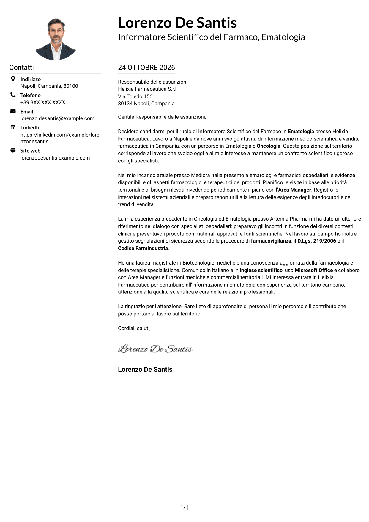 Esempio di lettera di presentazione — pagina 1